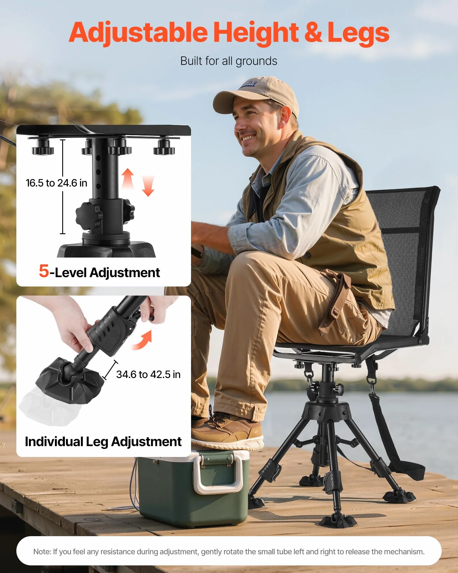 VEVOR Silla de Caza Giratoria Silenciosa de 360°, Plegable, con Estructura de Acero Resistente, Asiento Tipo Taburete con Patas Giratorias Antihundimiento, Carga 158 kg, 570 x 500 x 880-1080 mm