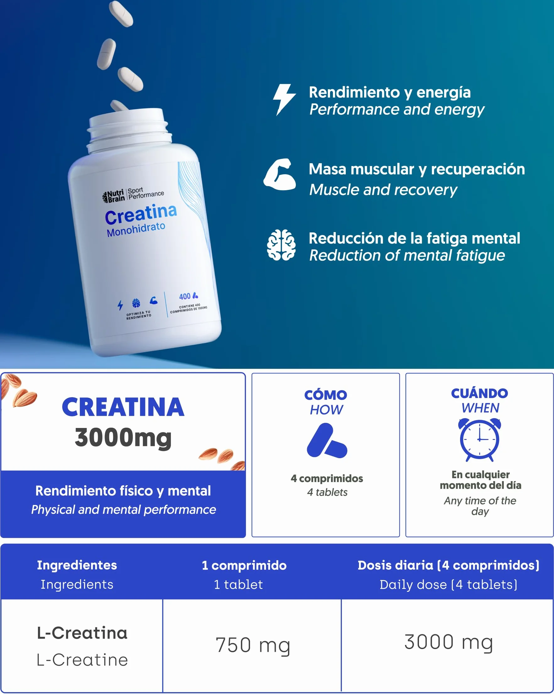 Creatina Monohidratada 3000 mg 400 comp Mejora Fuerza Masa Muscular Resistencia Vegano Sin Gluten No OGM