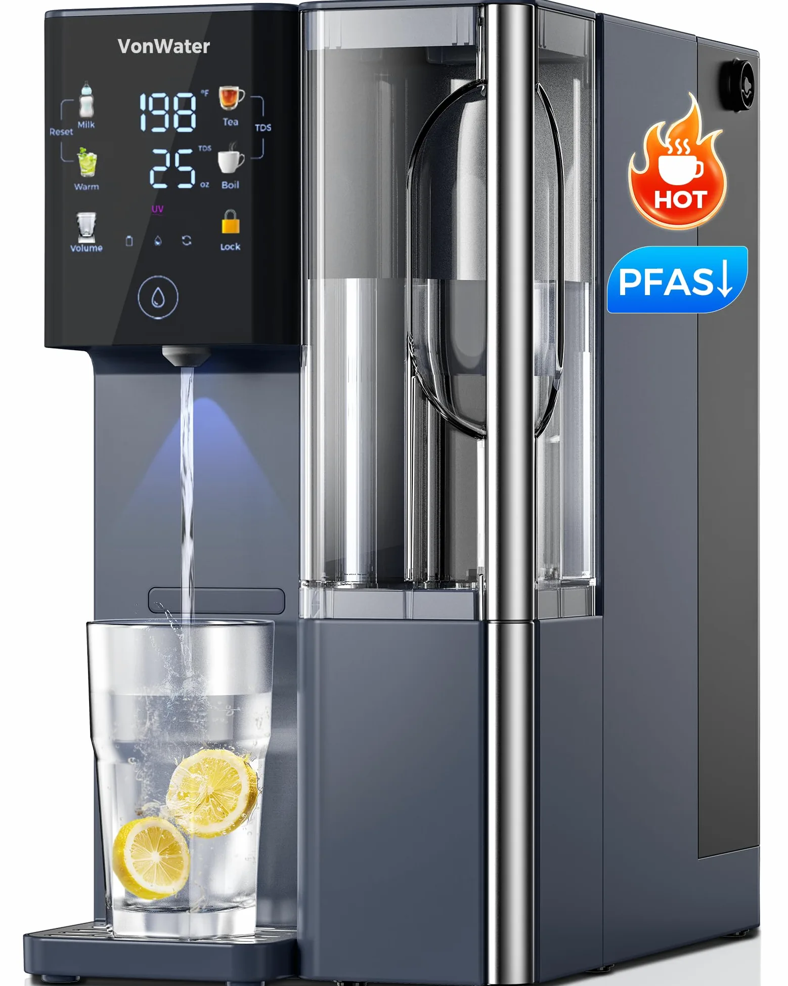 CT910H Encimera de filtro de agua de ósmosis inversa, sistema de filtración de agua caliente instantánea 3S, purificador de agua de 7 etapas con jarra extraíble, NSF/ANSI 372, reduce TDS PFAS