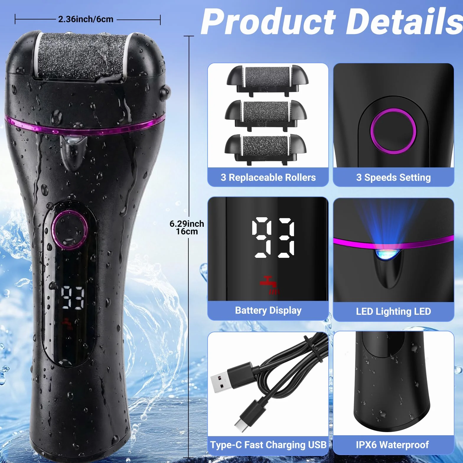 Lima Eléctrica Pies con 3 Rodillos y 17 Herramientas, 3 Velocidades, Profesional Foot File para Eliminar Durezas y Callos (Negro)