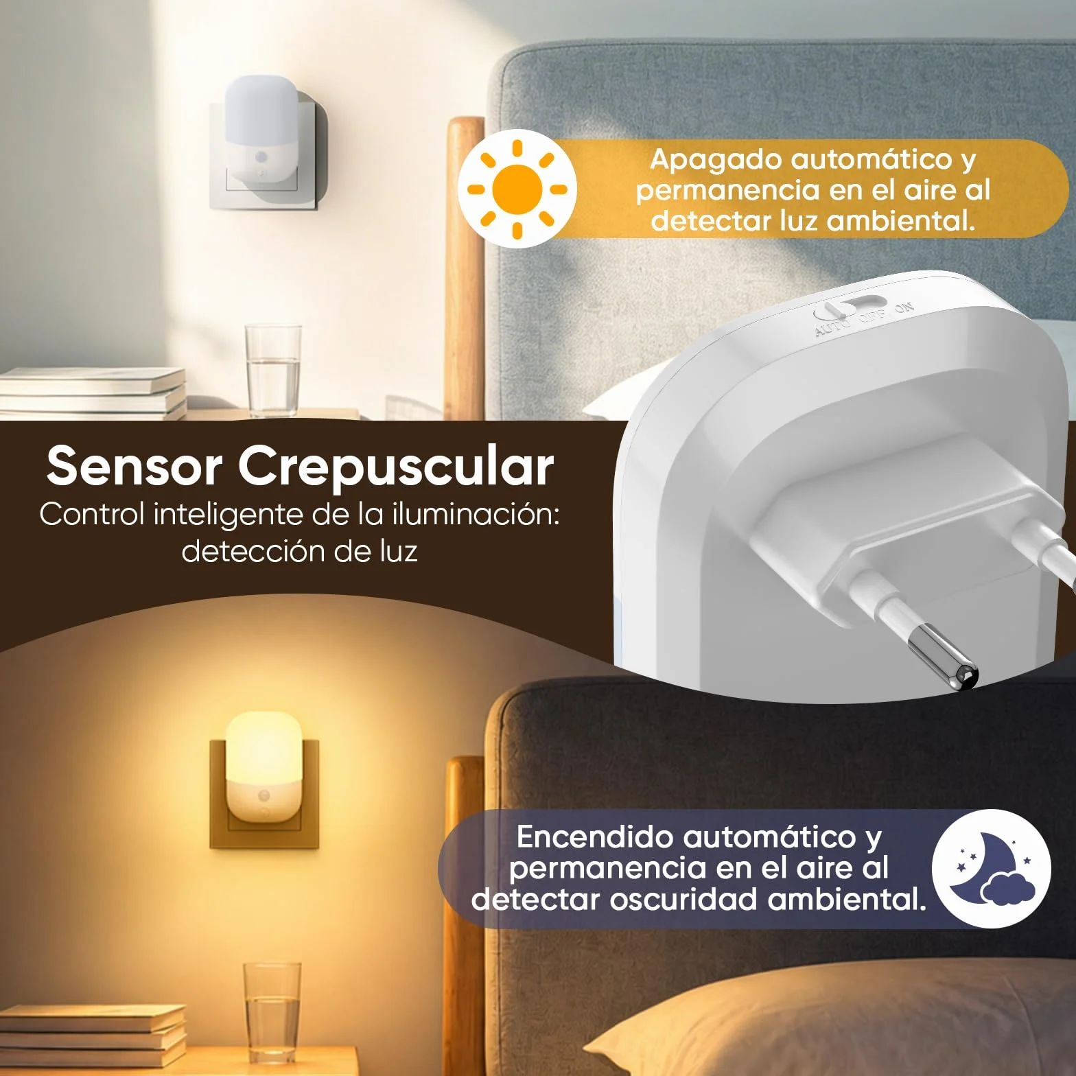 Suright Lámpara Nocturna Infantil 2 Piezas, Sensor de Luz Inteligente, 5 Brillos Regulables, 3 Modos, Blanca Cálida 0.3W
