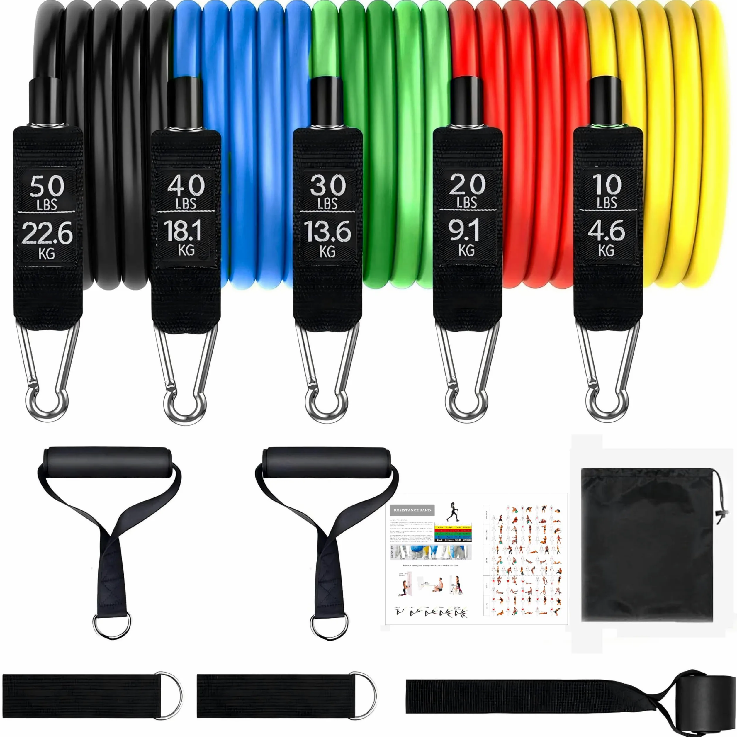 Juego de bandas de resistencia, bandas de ejercicio, bandas de entrenamiento con asas, hasta 150 libras, bandas de ejercicio codificadas por colores, guía de ejercicios, bolsa de almacenamiento
