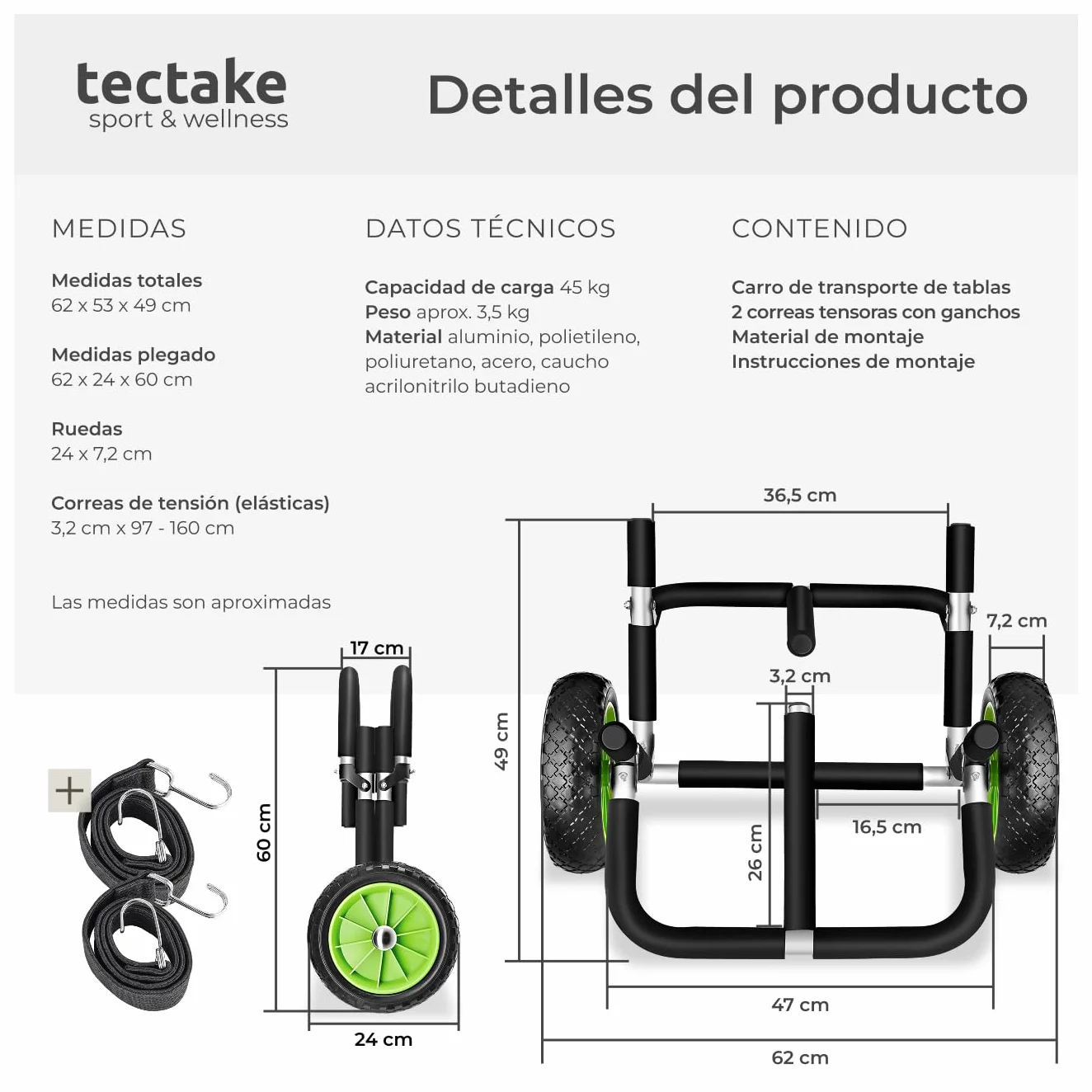 Tectake Carro de Transporte para Tabla de Surf o Padel Surf, Aluminio, 2 Tablas, Ruedas de 24 cm, Negro/Verde