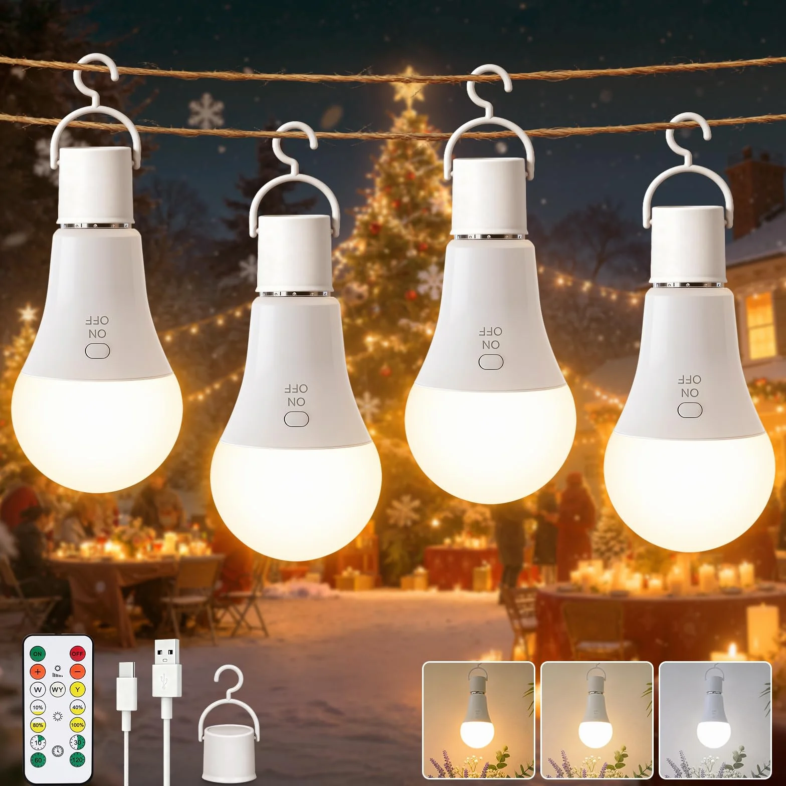 Ketom Bombilla Recargable E27 4 Piezas, 7W Inalámbrica con Mando USB, 3 Temperaturas Regulable
