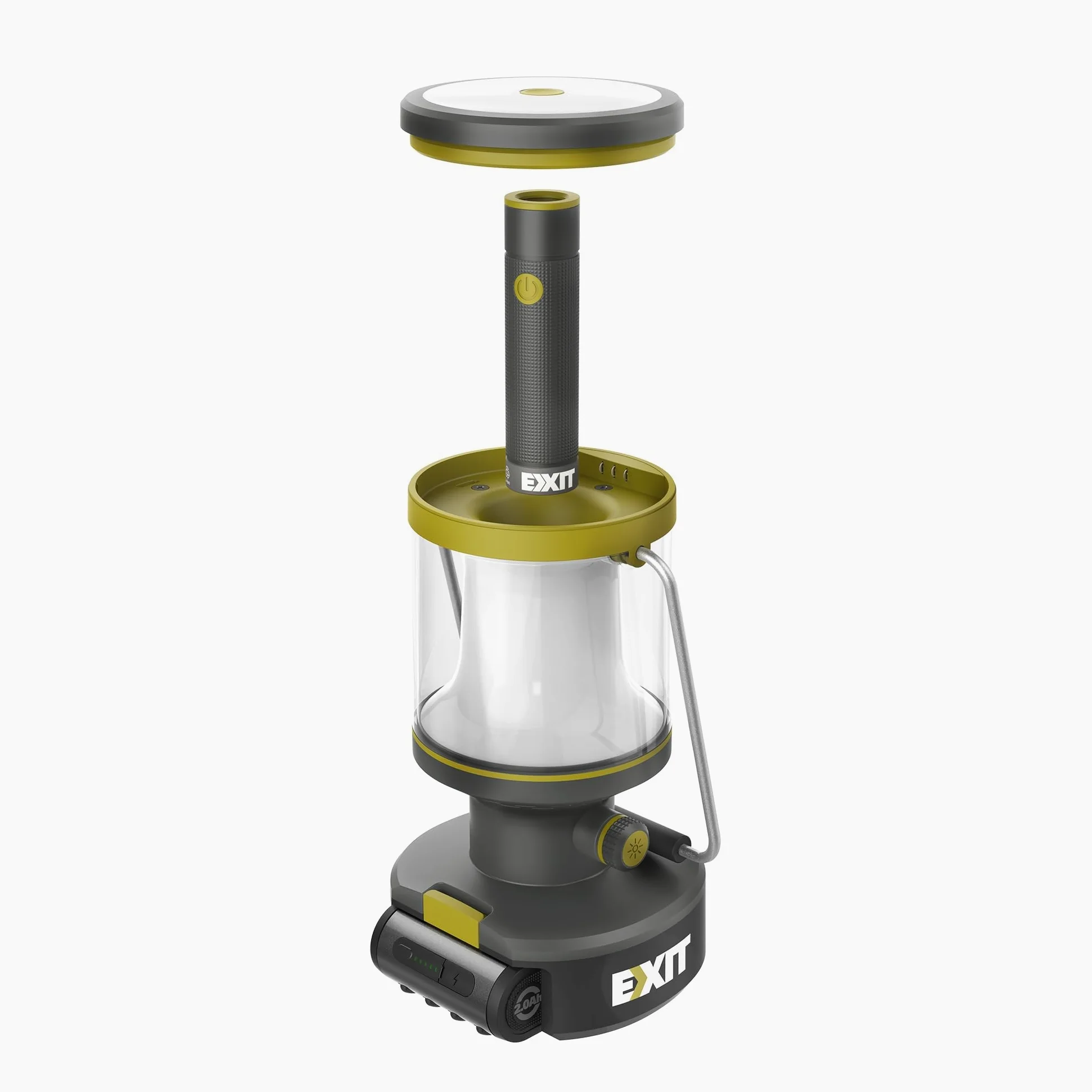 EXIT 20V lámpara LED recargable 3-en-1, linterna de camping multifuncional con linterna integrada. Ideal para camping, caza, emergencias y más. Incluye una batería de 2,0 Ah.