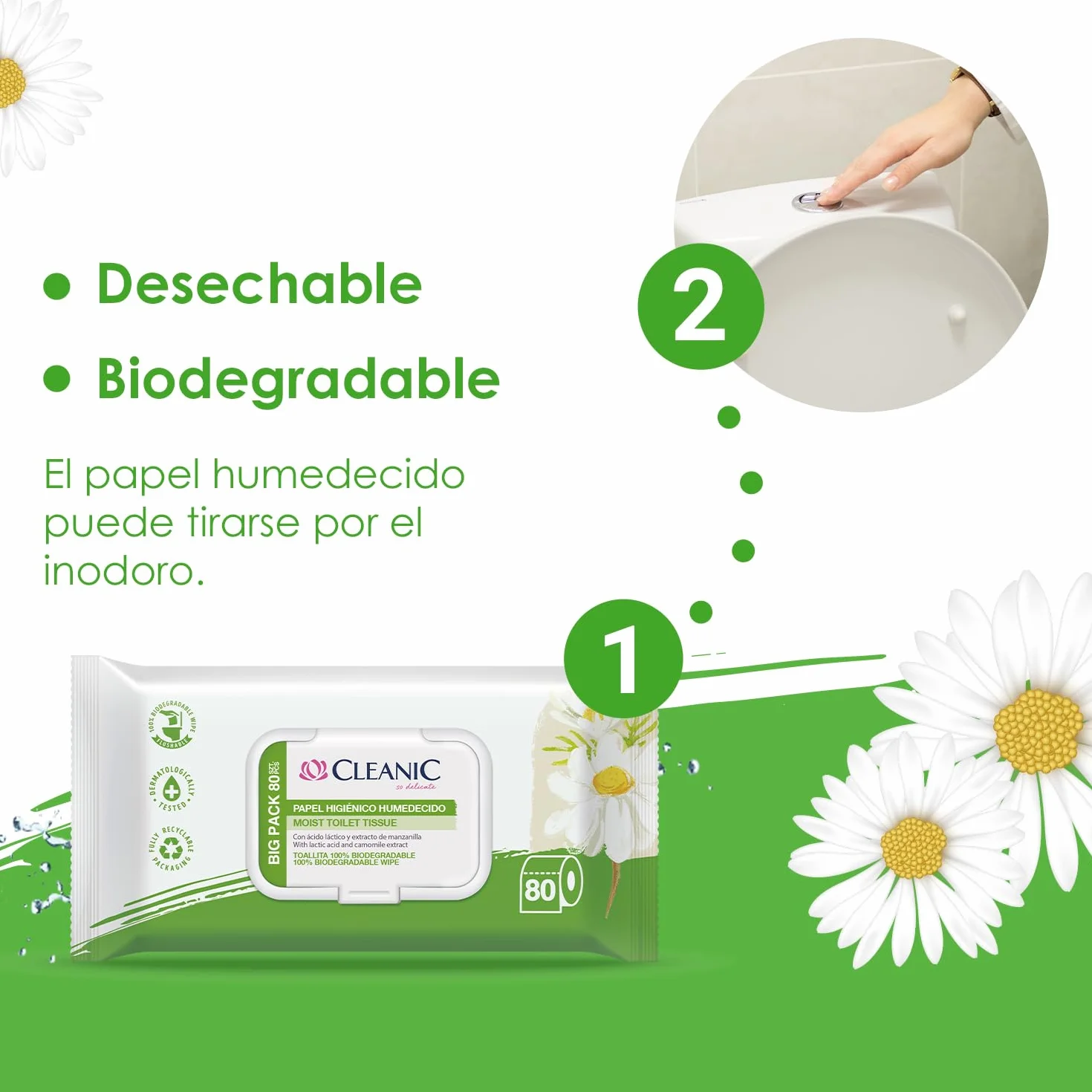 Cleanic Papel Higiénico Hidratado con Extracto de Manzanilla 80 Piezas - Toallitas Humedecidas para Limpieza Íntima