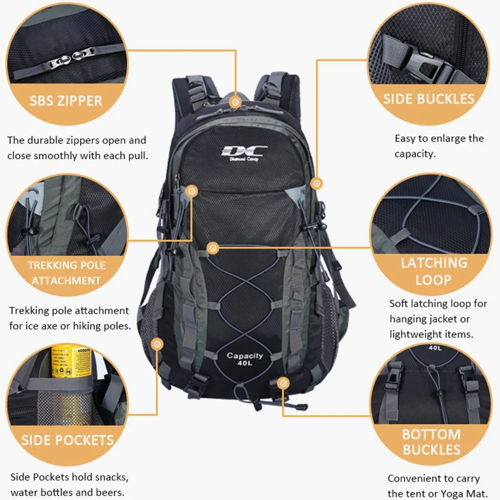 Mochila ultraligera, impermeable, ideal para senderismo, escalada, actividades en exteriores, viaje a bicicleta, montar a caballo y viajar, capacidad: 40 l, diseño Diamond Candy, color negro, tamaño Talla única | Gran capacidad, camping y viajes, parte tr