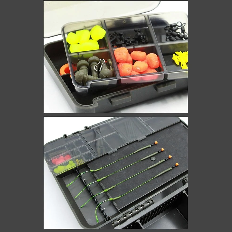 Caja de aparejos de pesca, caja de almacenamiento de pesca de carpa, caja de aparejo 2+1 con compartimentos, escala para hacer aparejos, juego de ABS verde para pescadores al aire libre