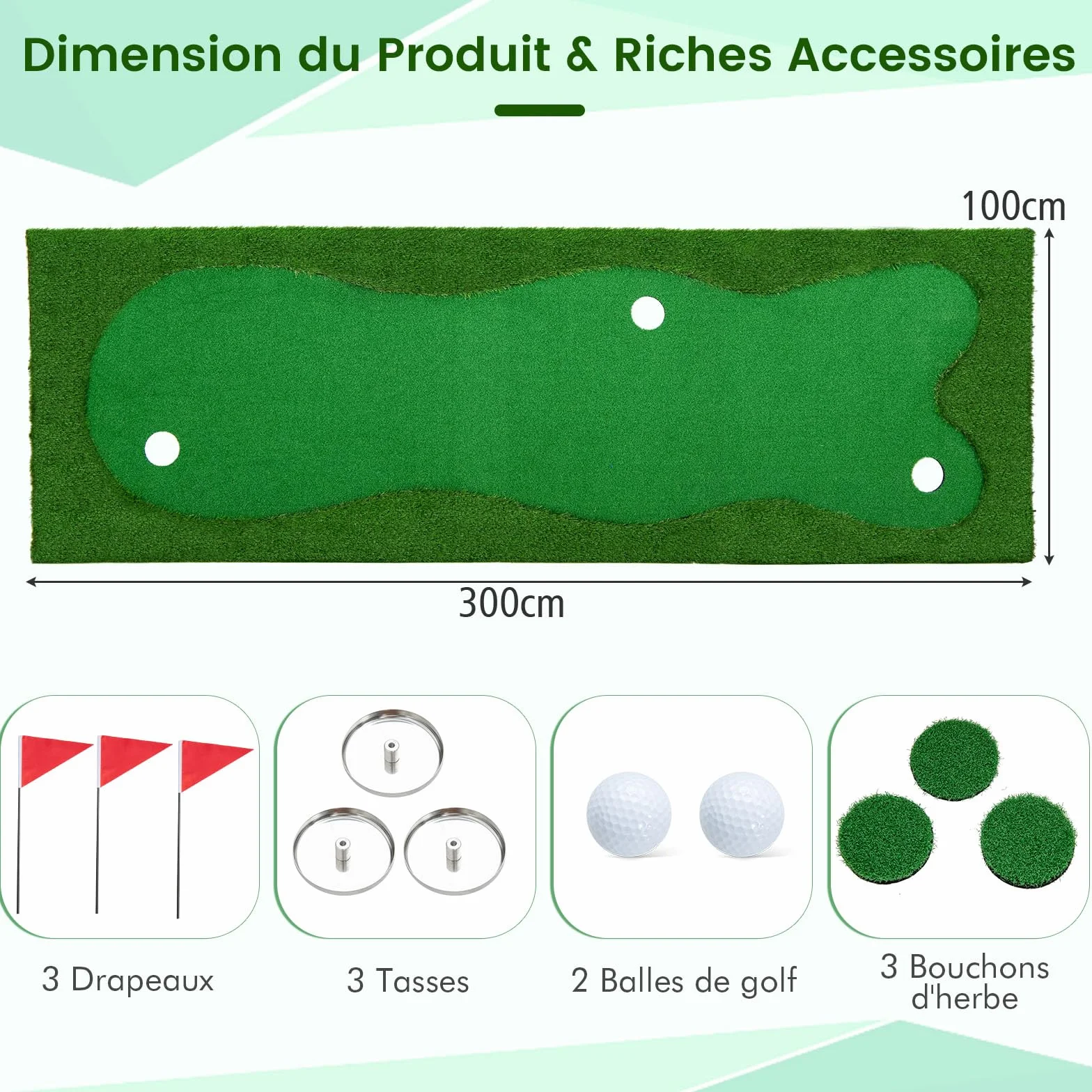 GOPLUS Alfombra de Golf para Putting 3x1 m, Entrenamiento de Golf con 3 Agujeros, Interior Exterior