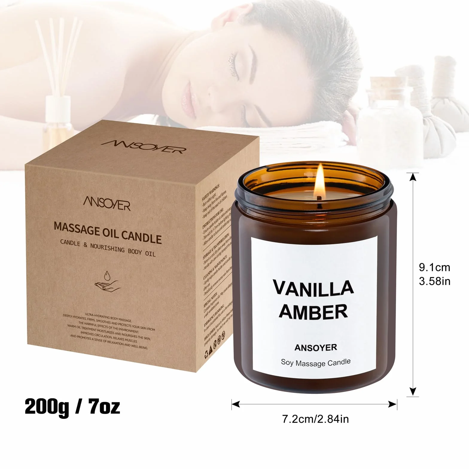 ANSOYER Vela de Masaje 200g Hidratante Nutritiva Spa Aromaterapia Relajación Ámbar Vainilla