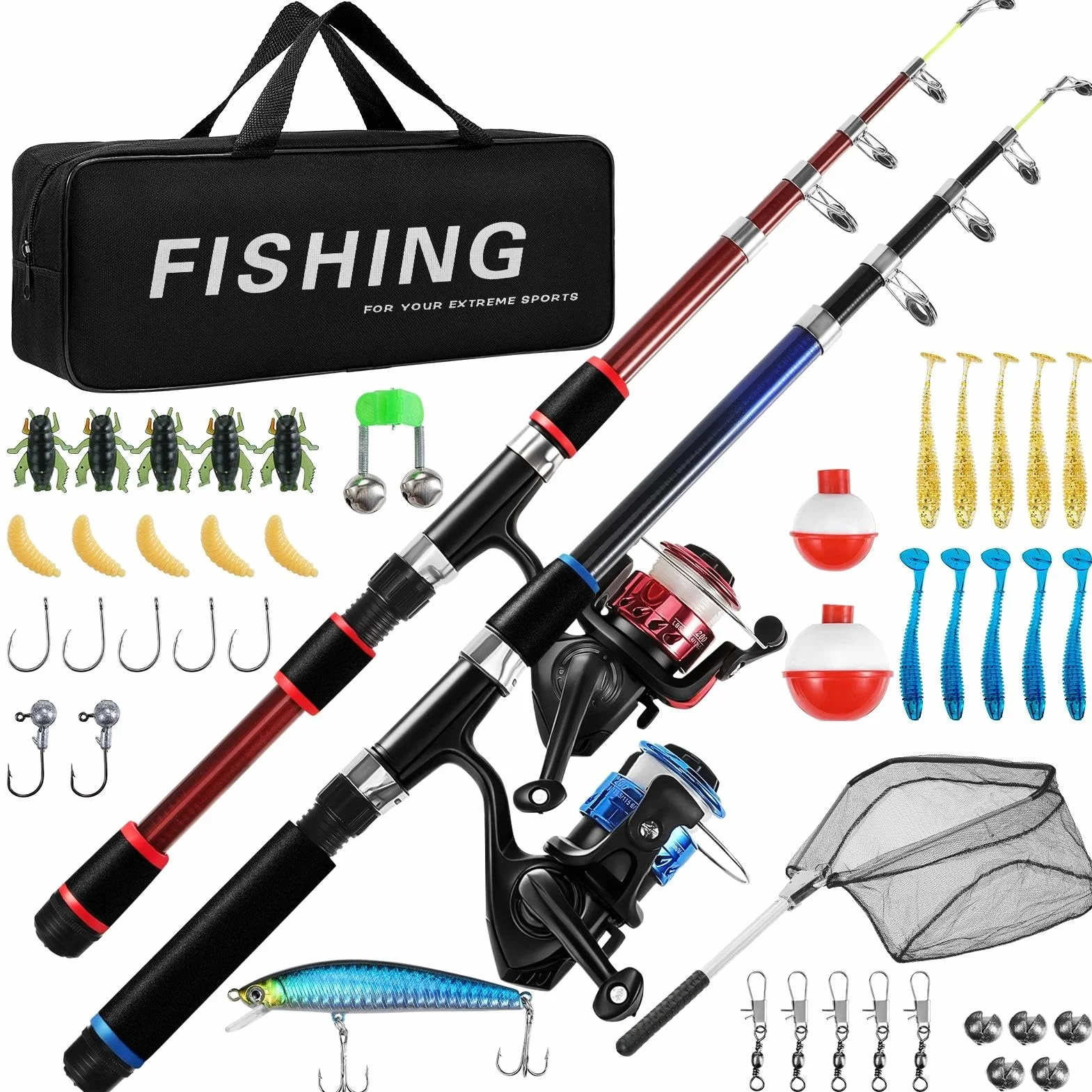 2Pcs Juego de caña de Pescar, 1.8m Caña de Pescar combinada con Carrete telescópico de Fibra de Carbono con línea/Accesorios de señuelos/Bolsa de Transporte, para Viajes, Agua Salada o Dulce