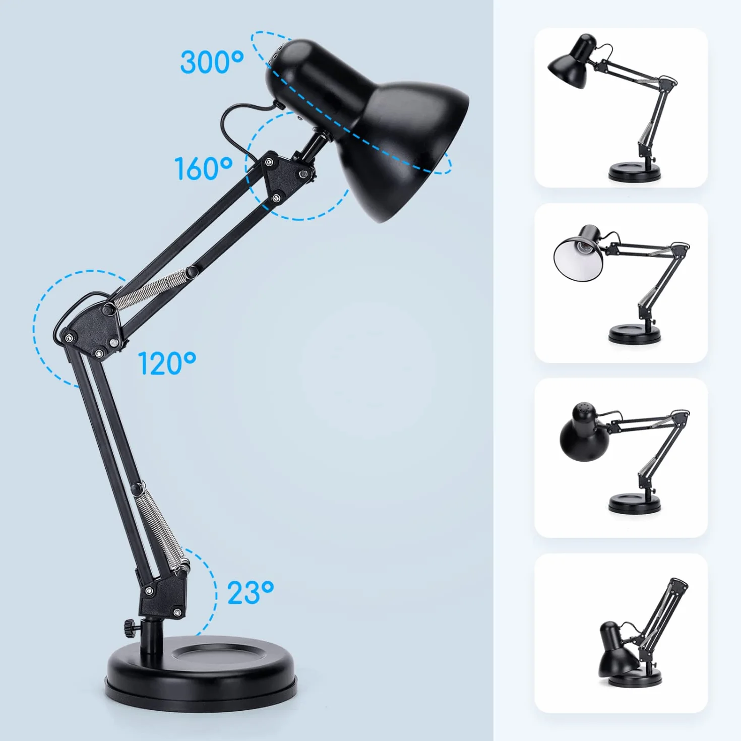 Aigostar Lámpara de Escritorio E27, Brazo articulado de metal, Lámpara de Mesa Ajustable Negro