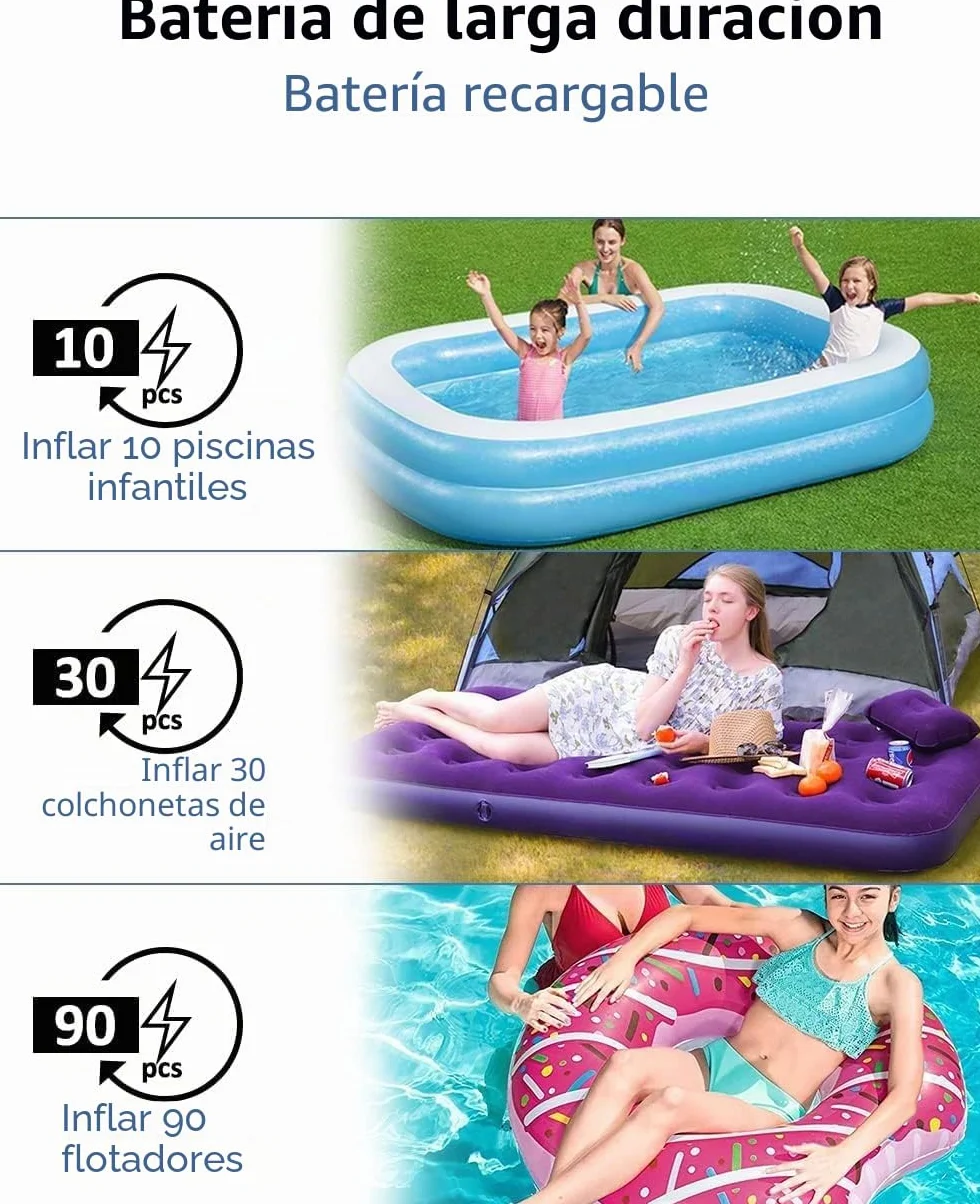 Inflador Eléctrico con Batería Recargable - Bomba para Colchón Hinchable, Paddle Surf, Kayak - Infla/Desinfla con 4 Boquillas