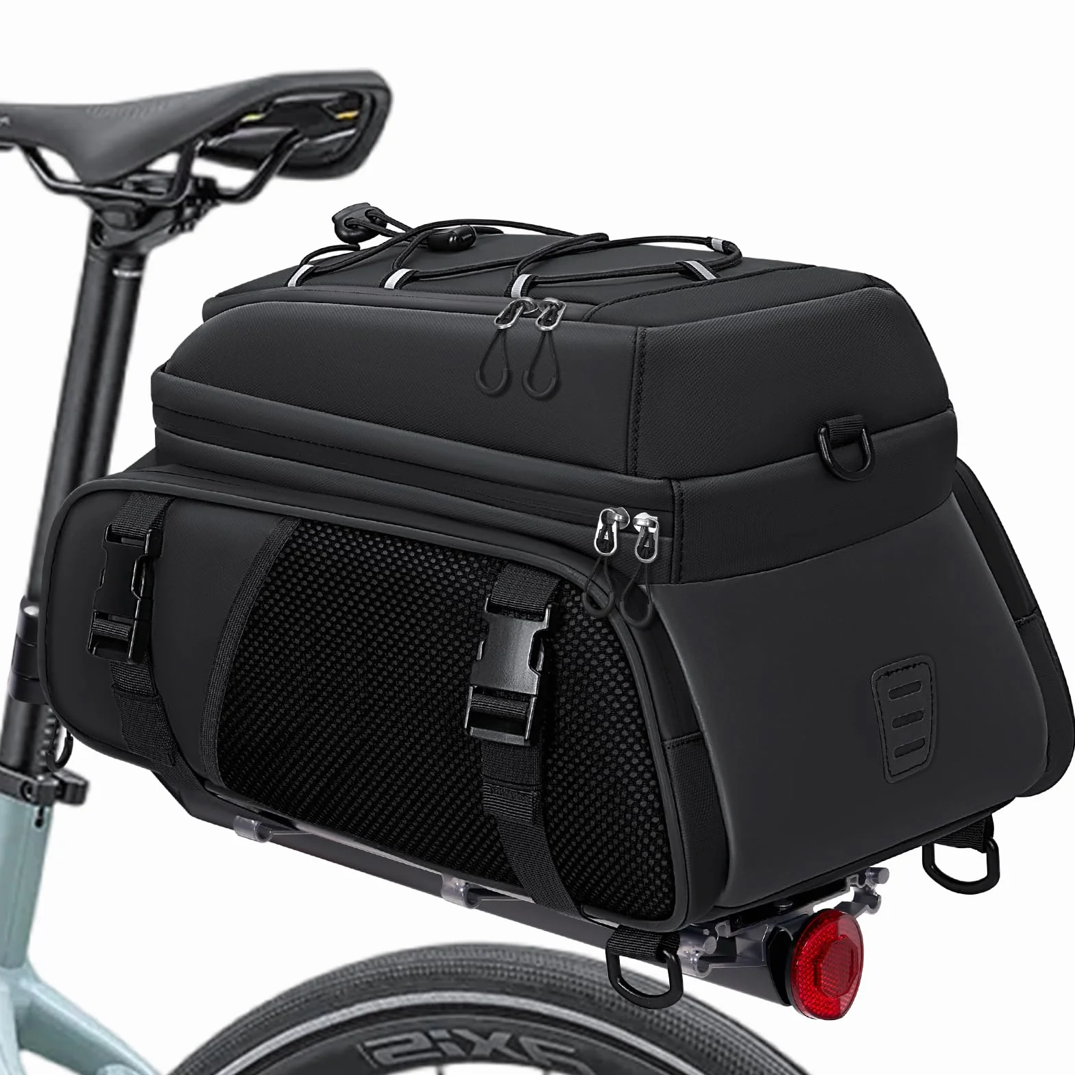RAINSMORE 3 en 1 Alforjas Bicicleta 15L Bolsa Trasera con Cubierta de Lluvia y Bandolera, Impermeable y Reflectante, como Maleta Bicicleta,Bolso Bandolera