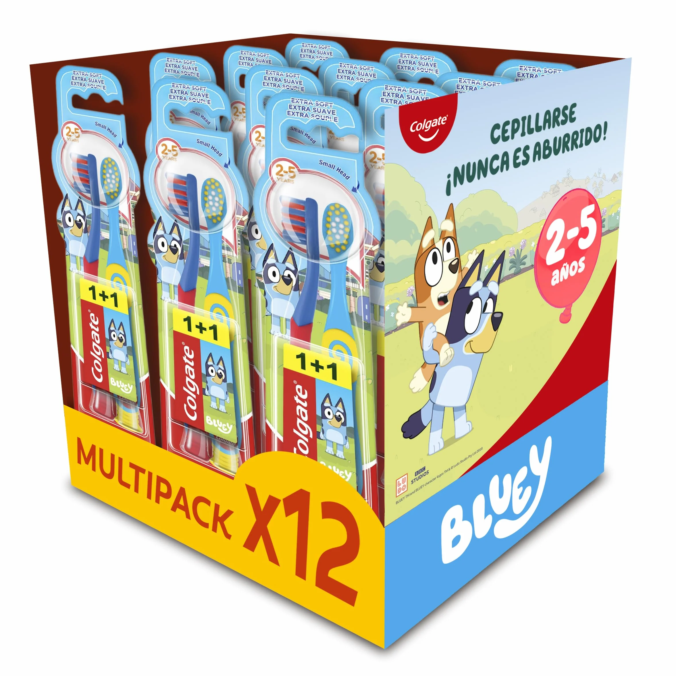 Colgate Cepillos de dientes Kids Bluey 2-5 años Pack 12 x 2, cabezal pequeño, filamentos extra suaves