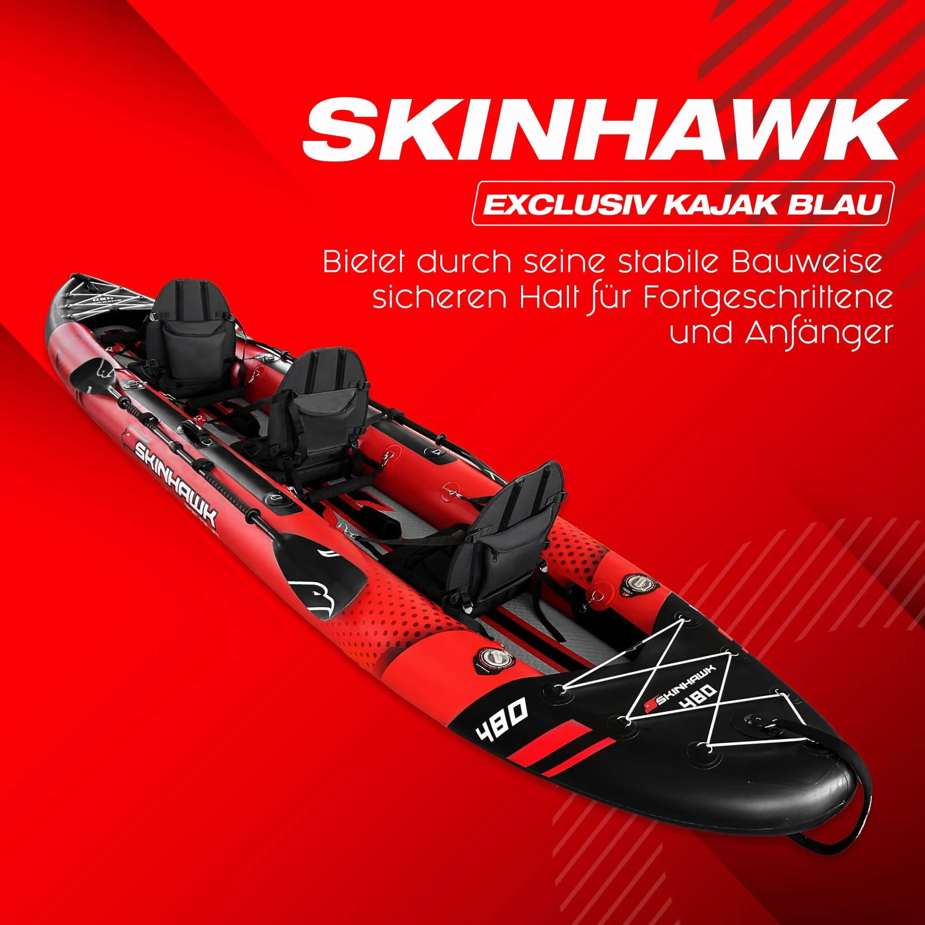 SKINHAWK Exclusivo juego de kayak rojo 480 – bote inflable – canoa – 480 x 96 cm – kayak para 3 personas