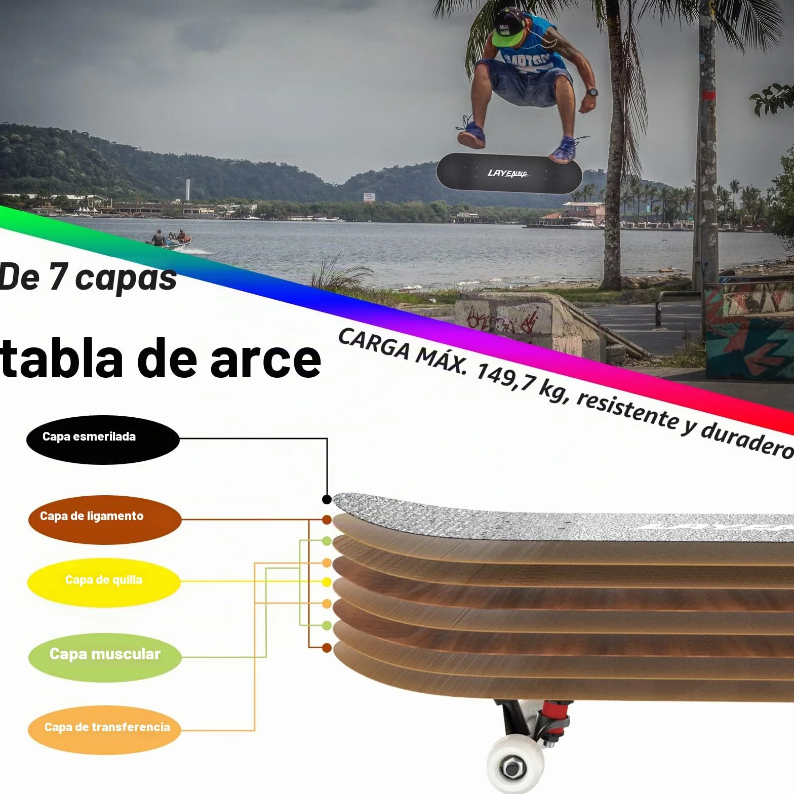 LAYENNE Skateboard 31x8 Pulgadas 7 Capas Arce ABEC-11