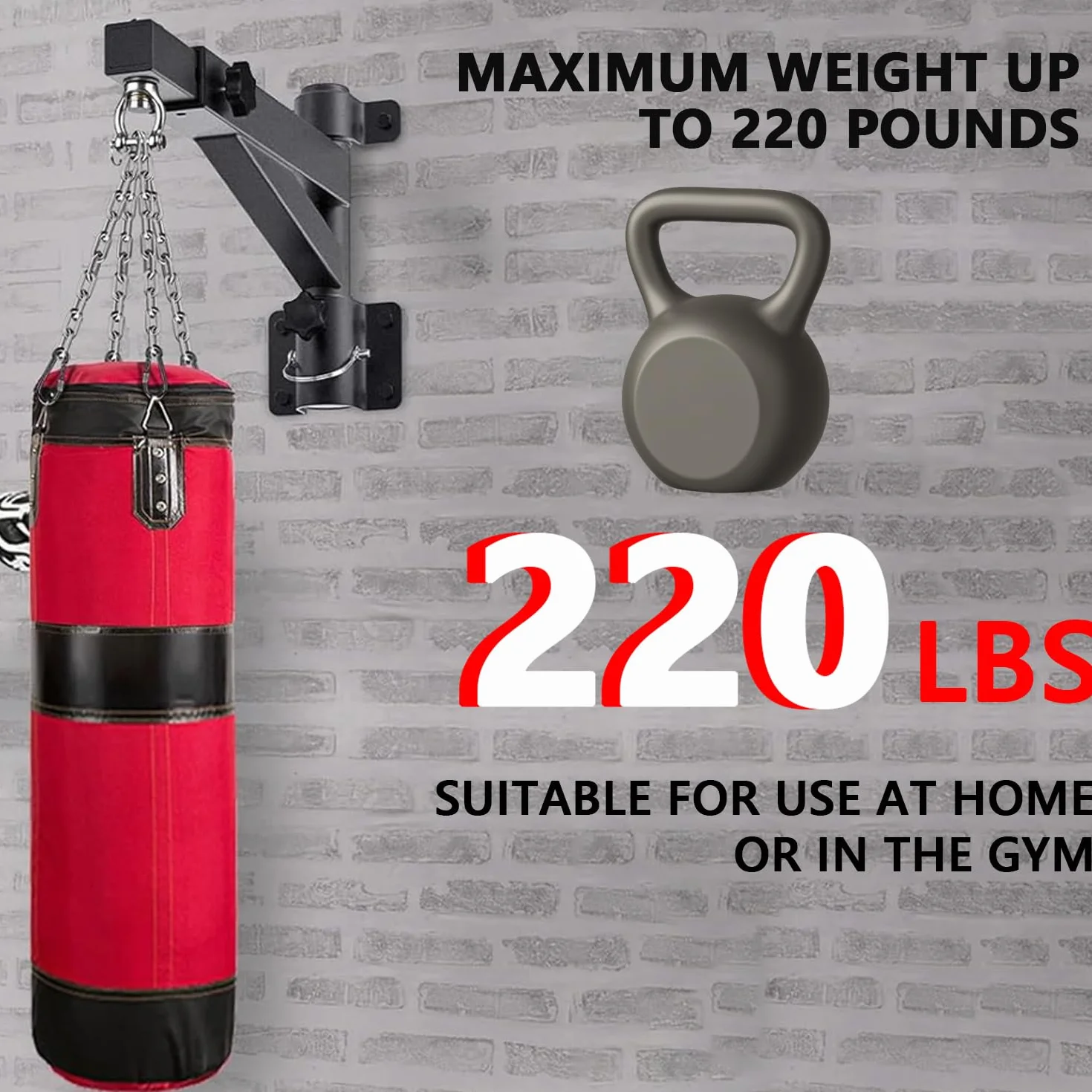 Soporte para Saco de Boxeo - Soporte de Pared Ajustable 44-64cm con Rotación 360° Silenciosa, Heavy Duty 100kg, Construcción en Acero Resistente para Gimnasio Casa/MMA, Soporte para Saco de Boxeo