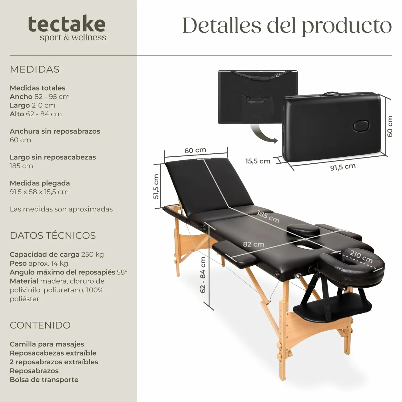 Tectake Camilla Masaje Plegable de Aluminio Profesional para Fisioterapia, Altura Ajustable, 3 Zonas, con Bolsa Transporte - Negro