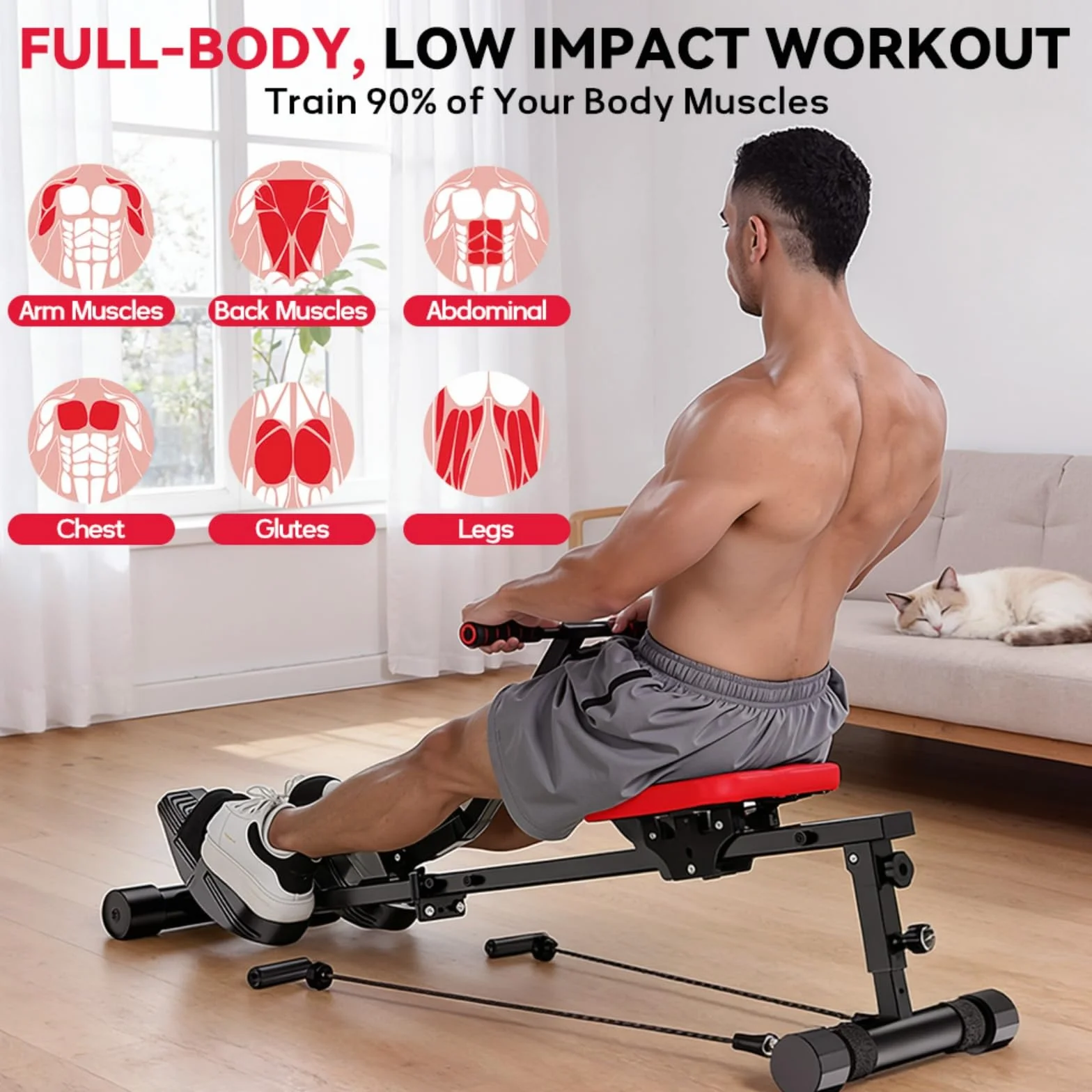 Máquina de remo hidráulica para el hogar, 12 niveles de resistencia, capacidad de carga de 180 kg, entrenamiento de cuerpo completo, máquina de remo