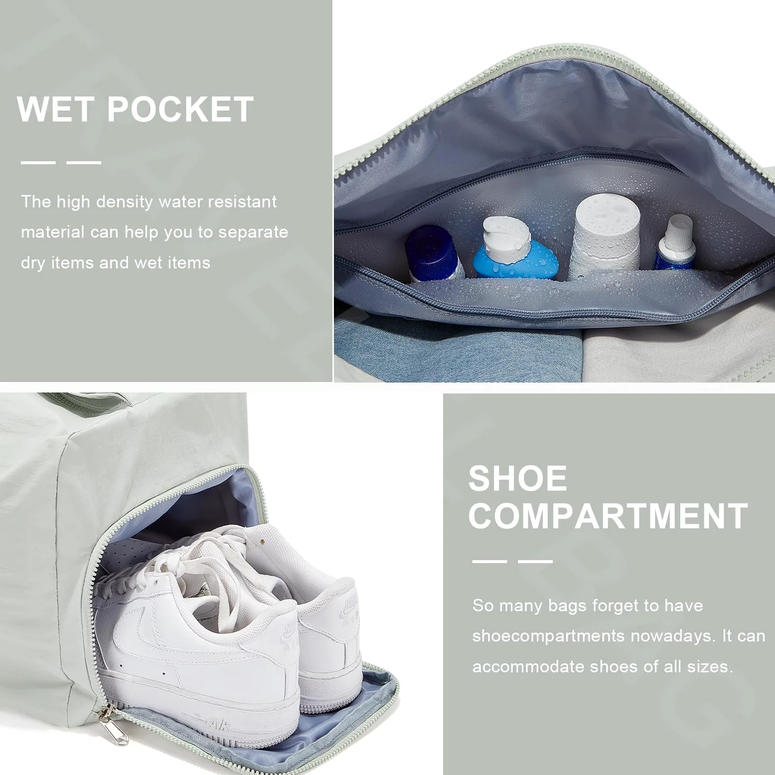Bolsa de gimnasio pequeña, bolsa de mano, bolsa de lona ligera para entrenamiento, viajes, fin de semana de hombro durante la noche para mujeres, Gris Verde