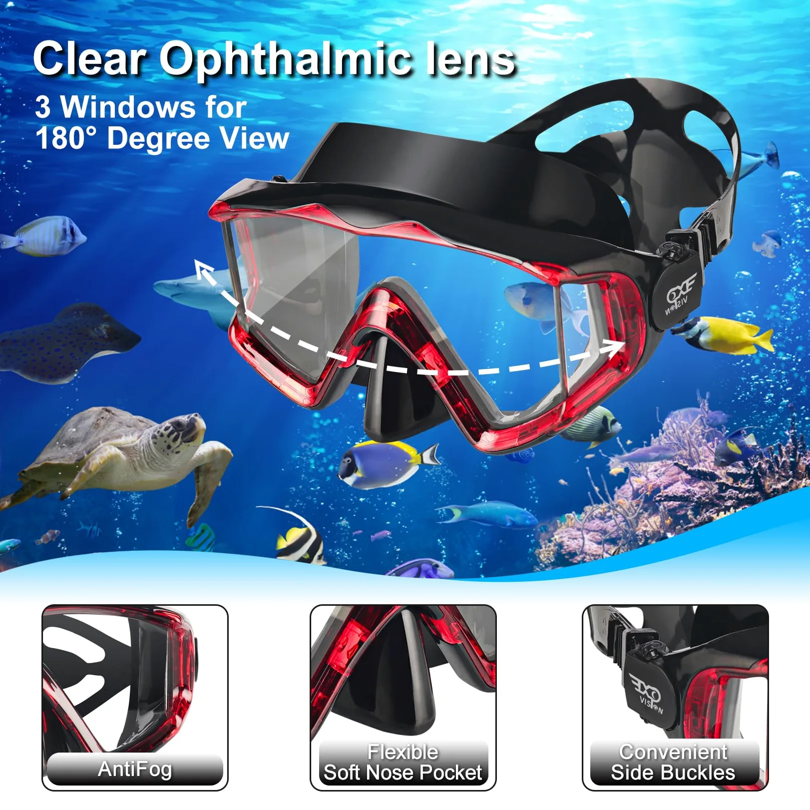Pano - Juego de esnórquel seco, máscara de esnórquel de 3 ventanas, gafas de buceo antivaho y esnórquel, equipo profesional de máscara de natación para adultos