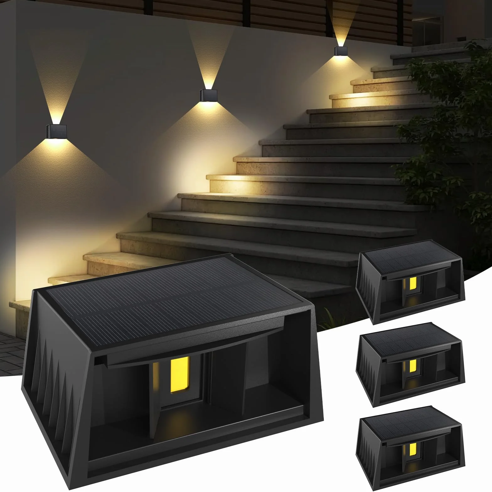 T-SUN Aplique Solar Exterior Pared 4 Piezas, 3000K Blanco Cálido Lámparas Solares Para Exterior Ángulo Del Haz Arriba y Abajo, Luces Solares Exteriores Jardin Impermeable para Porche, Camino, Garaje