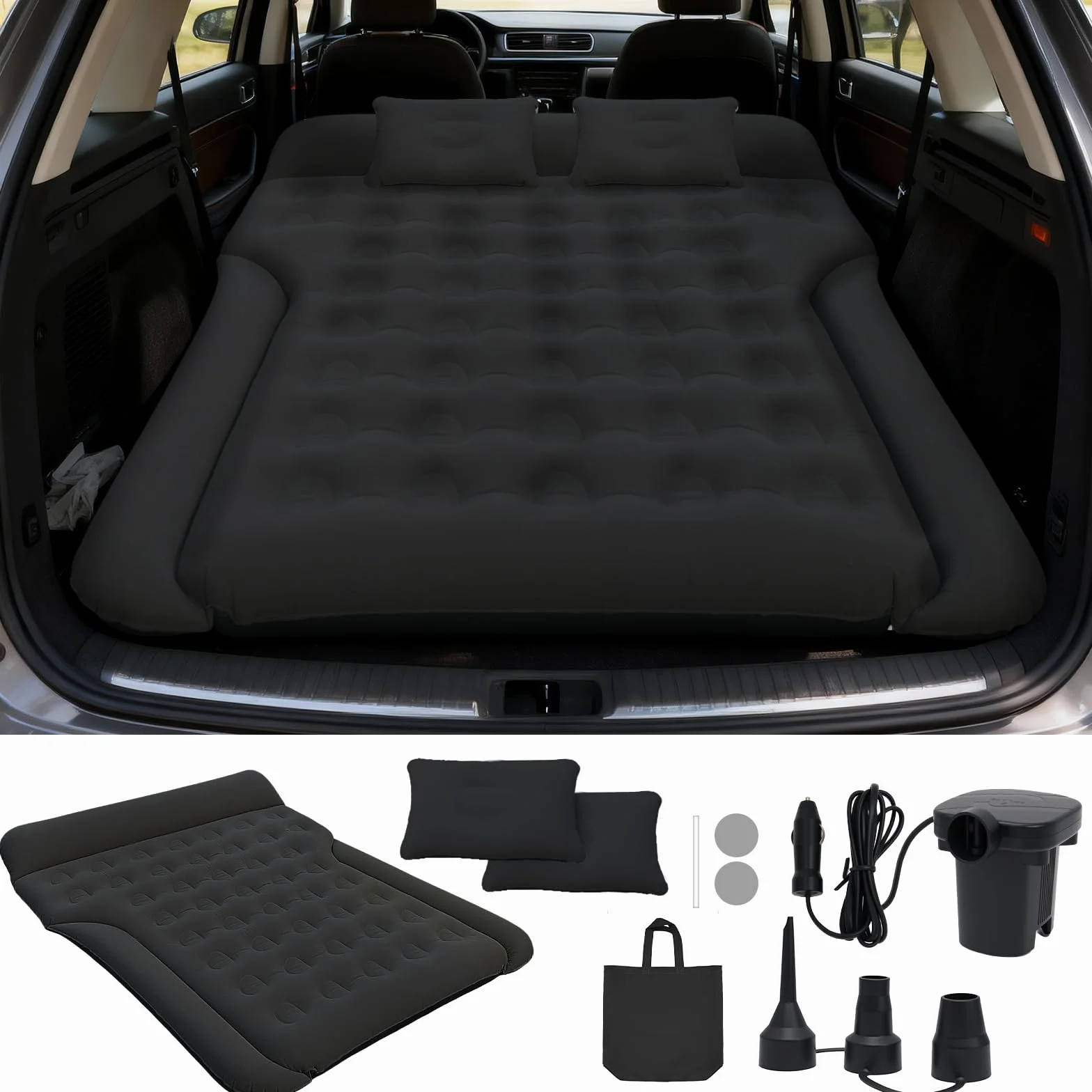 Colchón para Coche Cómodo colchón de vehículo para Viajes y Camping Colchón de Aire Asiento Trasero Colchón Plegable para Coche fácil de almacenar Solució (Negro)