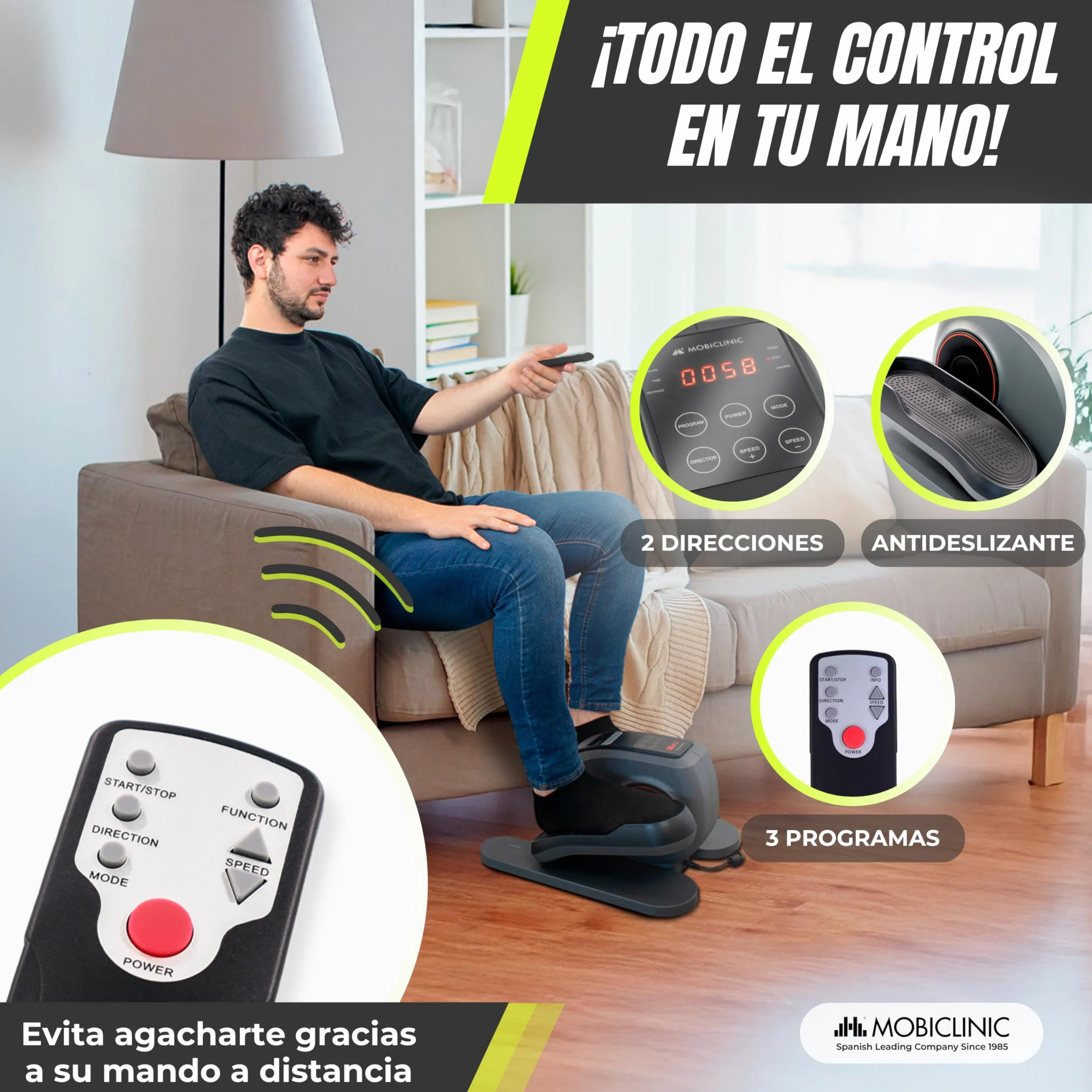 Mobiclinic® Fitness, Pedaleador eléctrico, Veleta, 10 velocidades, 3 programas, Pedales estáticos, Pantalla LCD, 60w, Resistencia Ajustable, Mando, Antideslizantes, Motor silencioso