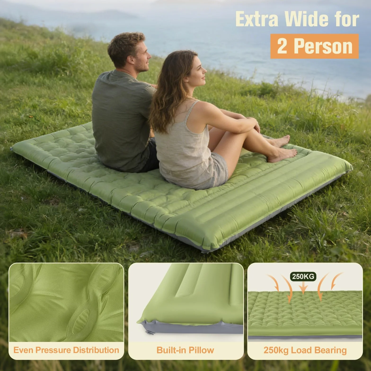 colchoneta camping 2 persona,15cm extra grueso colchón hinchable,190*140*15cm colchon camping con almohadas bomba de pie incorporada,colchón autoinflable ultraligero para exteriores máx 250KG