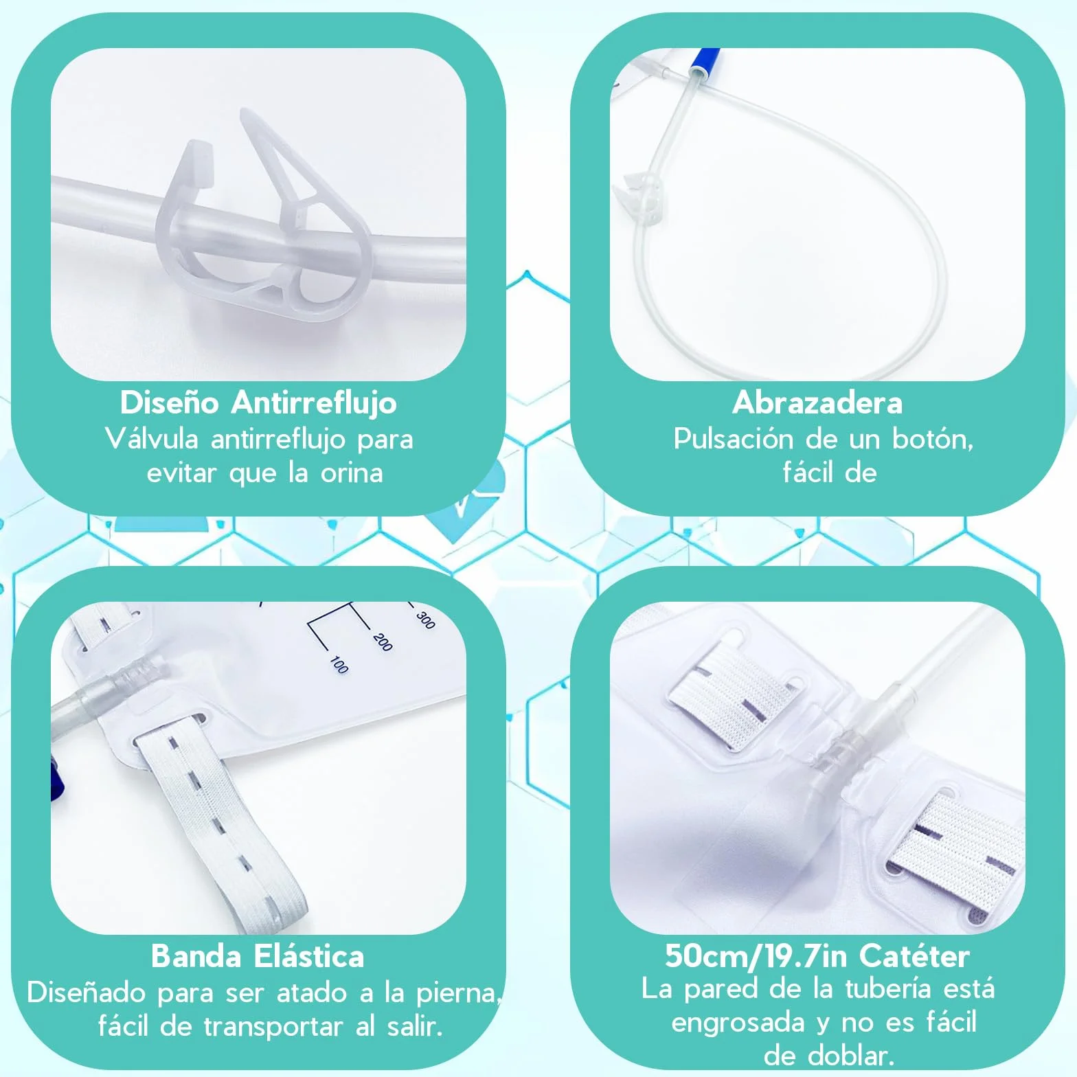 Bolsas de Orina 750 ml para Piernas, Bolsa Sonda Vesical con Cintas de Tela, Tubo 60 cm, Válvula Antirreflujo