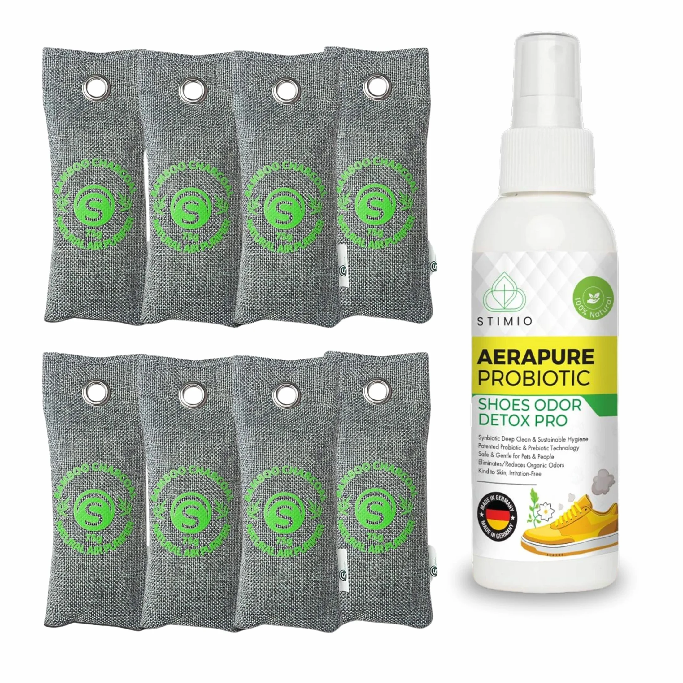 Antiodor Set Antiolor para Zapatos 8x Bolsas Carbón Activo Spray Probiótico 100ml