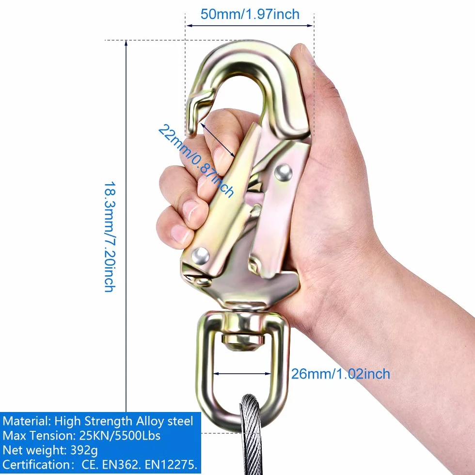 Cuerda de Seguridad de 12 mm * 3 m, Resistente a Cortes, Estiramiento Bajo, con Mosquetón de Triple Bloqueo