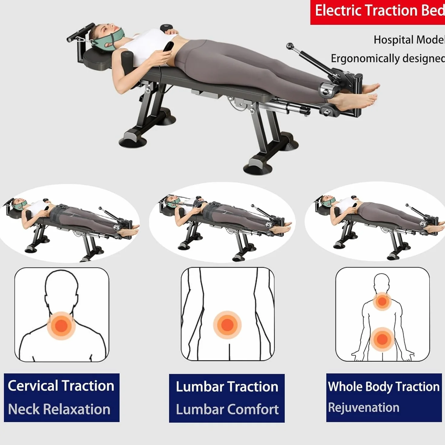 Cama de tracción para fitness, mesa de tracción cervical lumbar para descompresión de espalda, soporta carga de 400 kg, ideal para espondilosis y hernia de disco