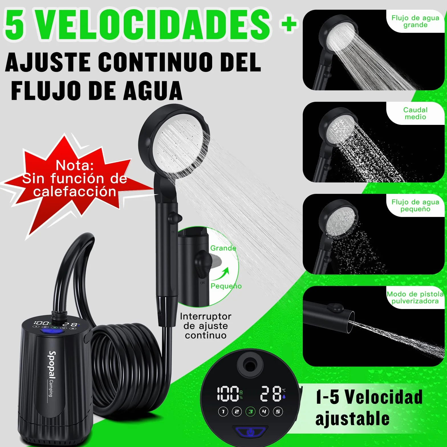 Camping Portatil Ducha 10000mAh Recargable Bateria Pantalla Temperatura 5 Velocidad Larga Duración para Hacer Caminatas Perros