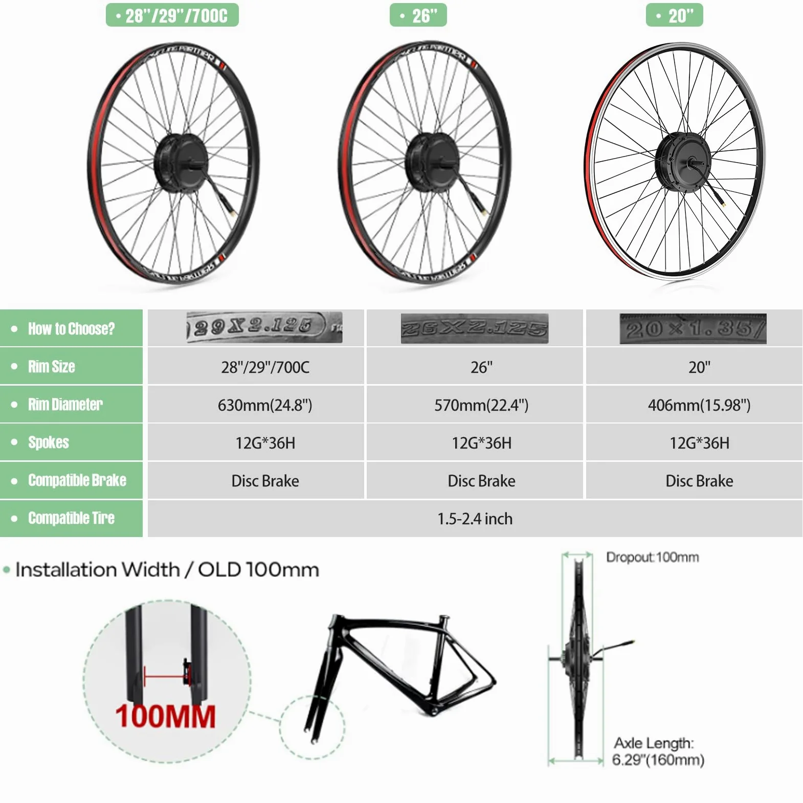 BAFANG Kit Conversion a Bicicleta Electrica G020 48V Motor Rueda Delantera con Batería Opcional y LCD Pantalla - Freno de Disco Versión para 20" 26" 29" 700C Bici de Montaña Carretera Cercanías