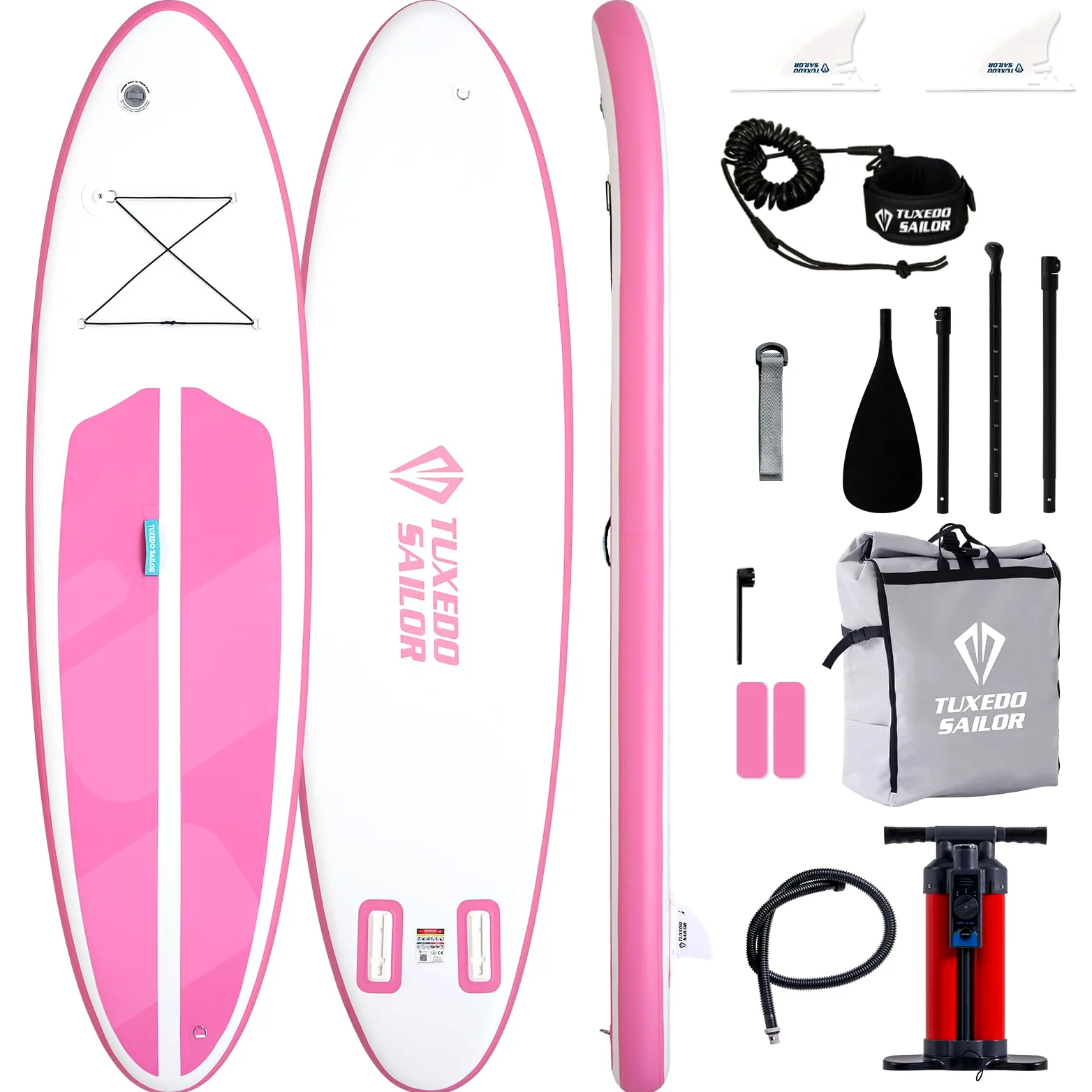 Tuxedo Sailor Tabla de remo inflable plegable para todos los niveles de habilidad, incluye tablas de remo, remo, aletas, mochila, color rosa