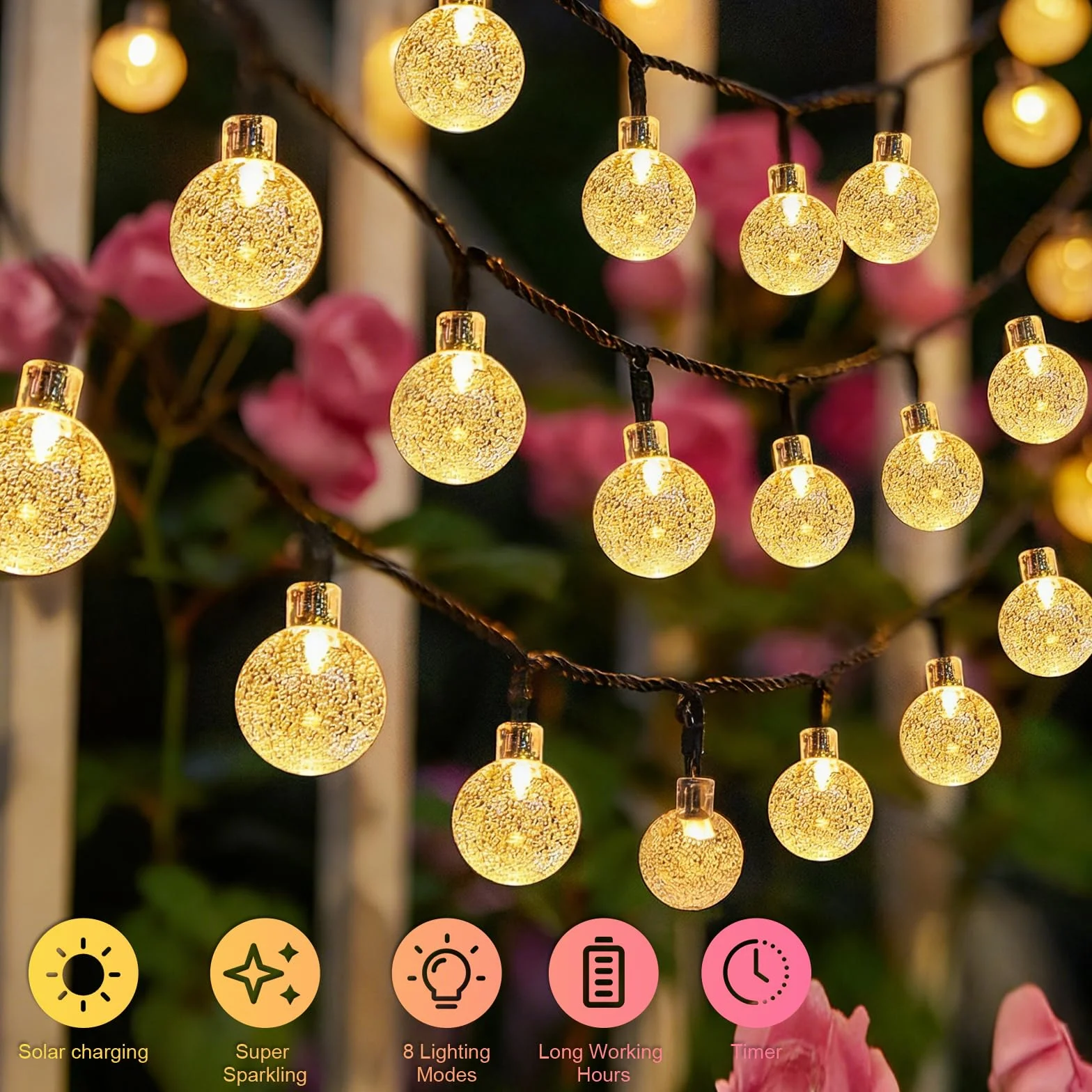 AGOTD Cadena de luces solares LED 40 IP65 8 modos bolas de cristal resistente al agua para exteriores