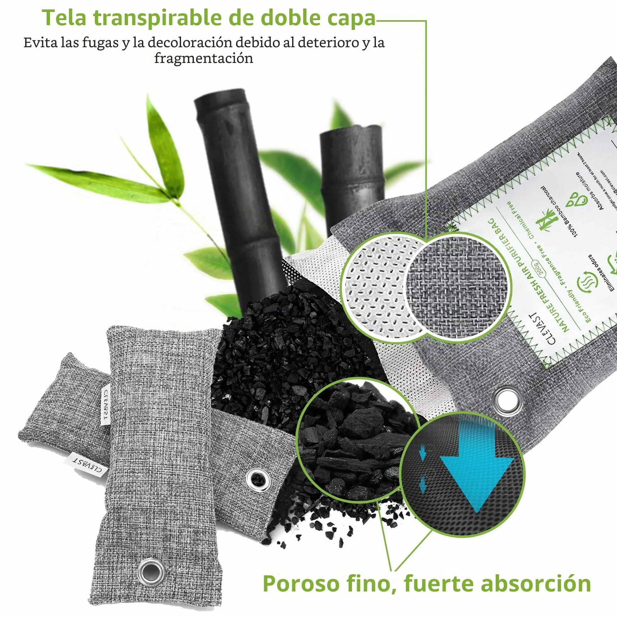 CLEVAST Bolsas Purificadoras de Aire de Carbón de Bambú 50g*12+200g*2 Eliminador de Humedad