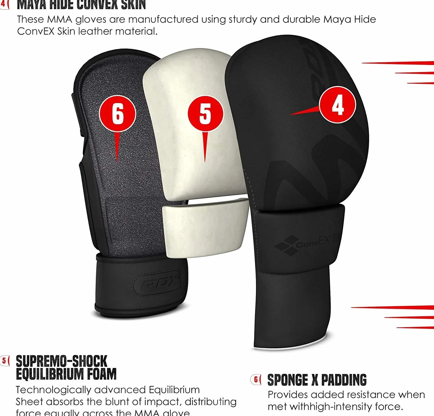 RDX MMA Guantes para artes marciales Grappling Entrenamiento, Convex Piel Kickboxing Guantes, Grande para Muay Thai, Sparring, Saco Boxeo, Combate en Jaula Gloves