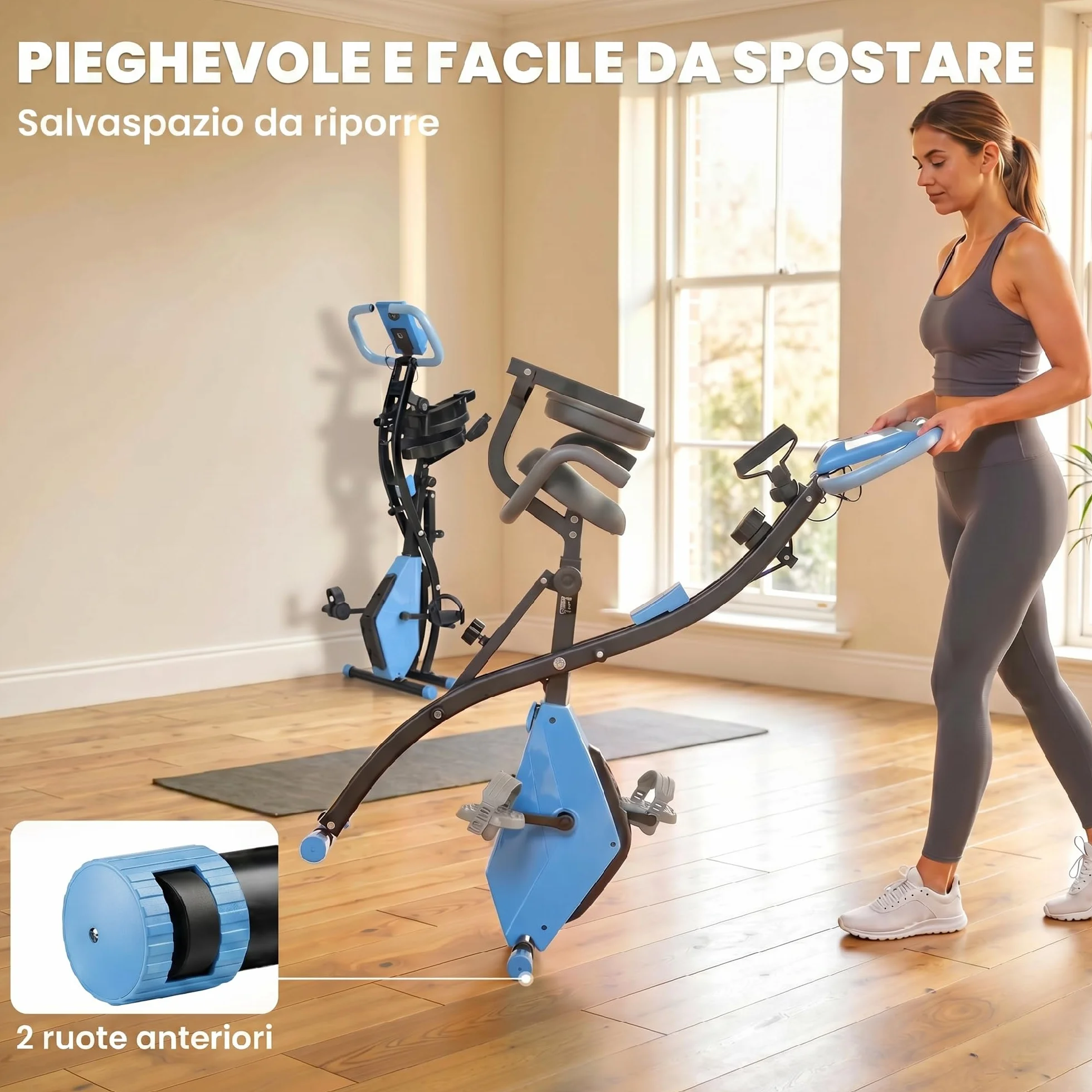 HOMCOM Bicicleta Estática Plegable 3 en 1 con Respaldo y 8 Niveles Resistencia Magnética, Bicicleta Estática para Casa Ajustable con Monitor LCD Volante Banda Sensor de Pulso Soporte de Teléfono
