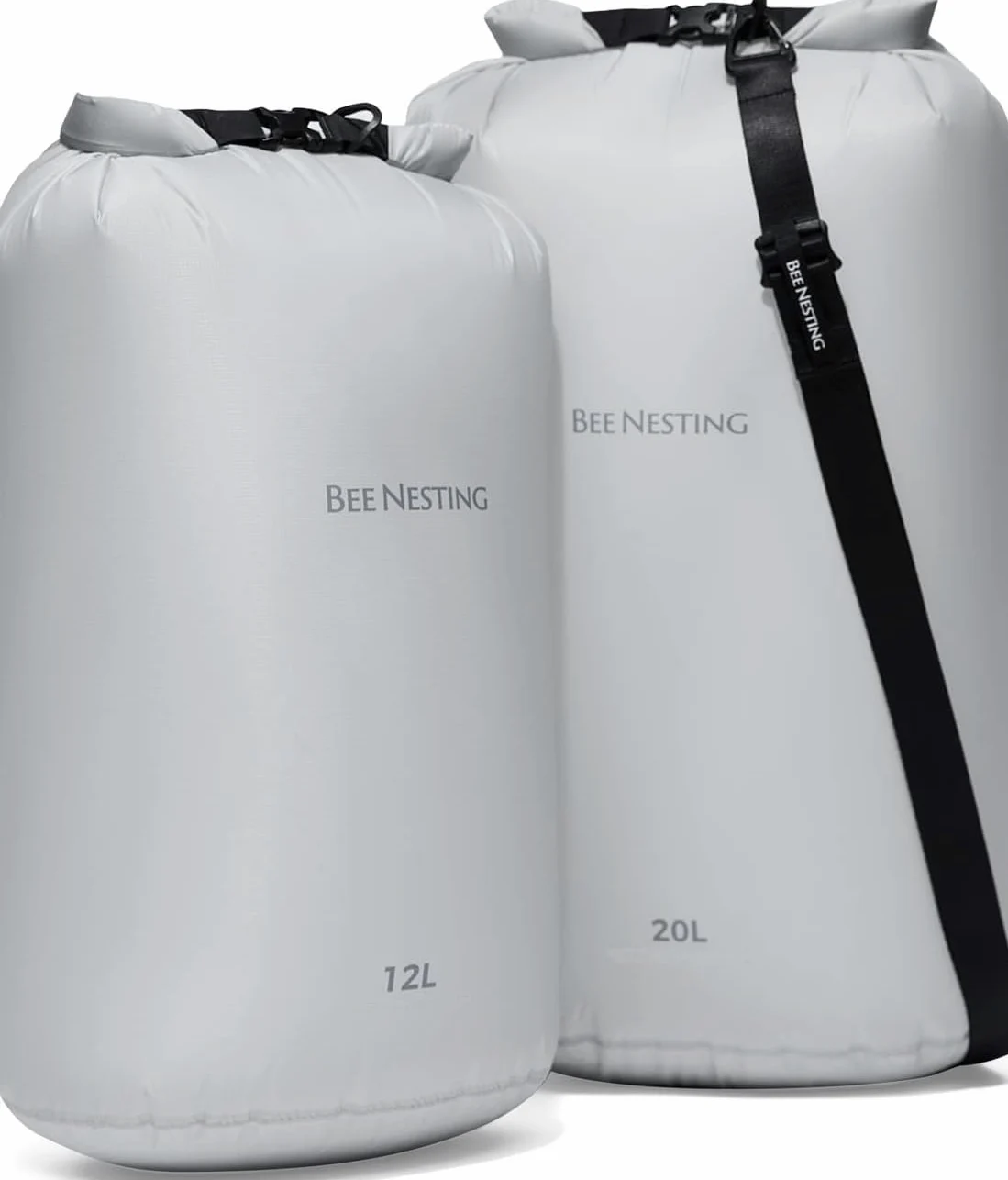 Bee Nesting Juego de Bolsas secas ultraligeras para mochileros, Saco seco Impermeable para Camping, Senderismo, Motocicleta, Juego de 3 Bolsas Ligeras, Gris, 2L 4L 8L Strap, 12 l y 20 l