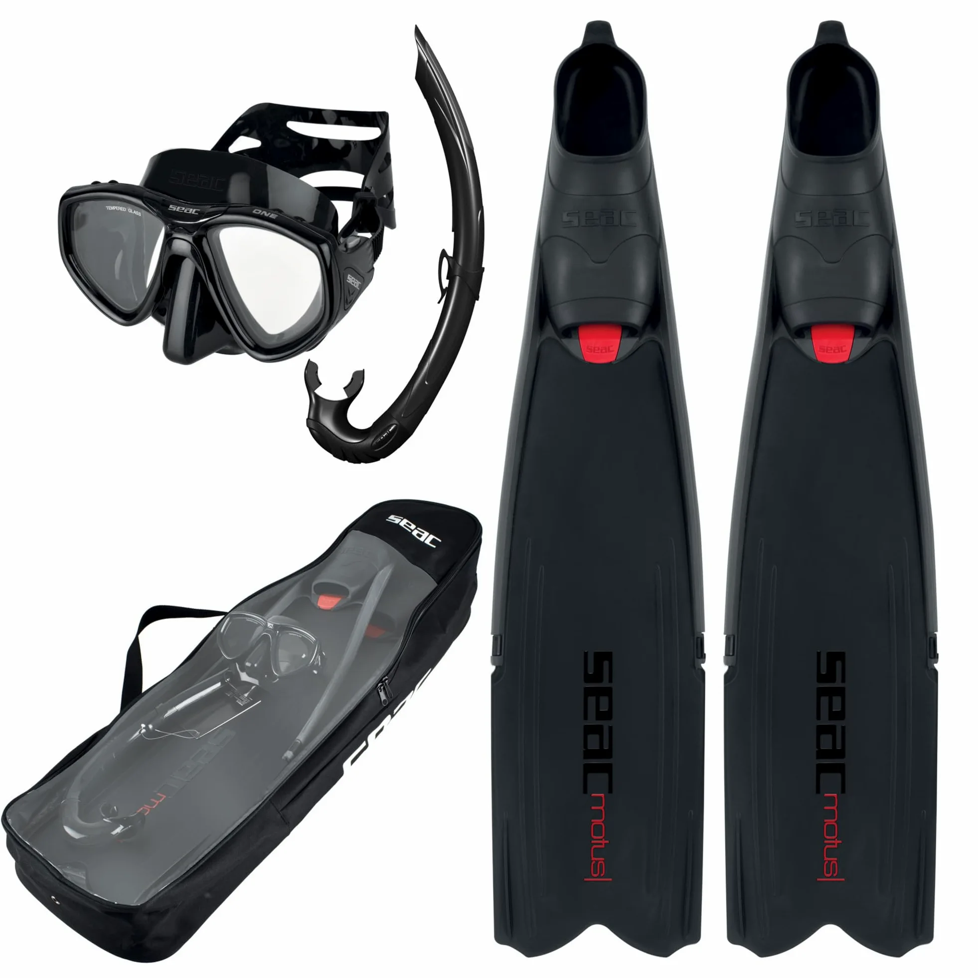SEAC Seac Motus Tris - Seac Motus Tris, Juego de Buceo Libre y Pesca submarina con Aletas largas SEAC Motus, máscara de Buceo SEAC One y esnórquel SEAC Jet, Bolsa de Hombro incluida Unisex Adulto