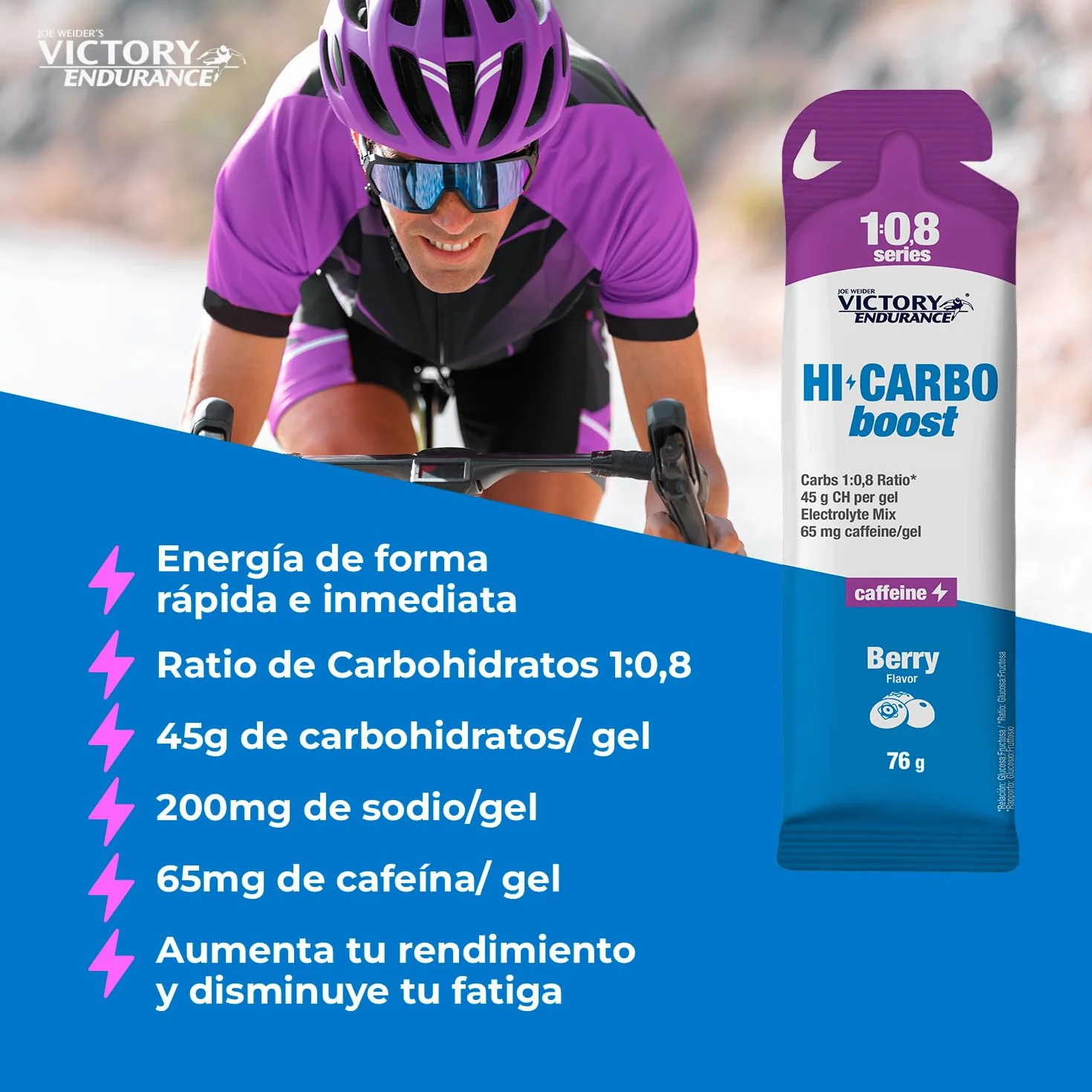 Victory Endurance HI Carbo Boost Gel 1:0,8 Series (12x76g) Sabor Frutos Rojos Con Cafeína, Alto en Carbohidratos 45g/gel, 200mg sodio/gel