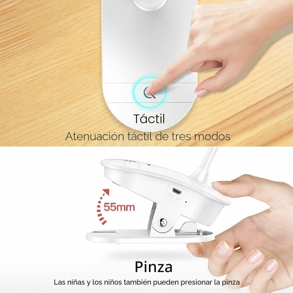 Lámpara de lectura con clip, recargable USB, 3 niveles de brillo