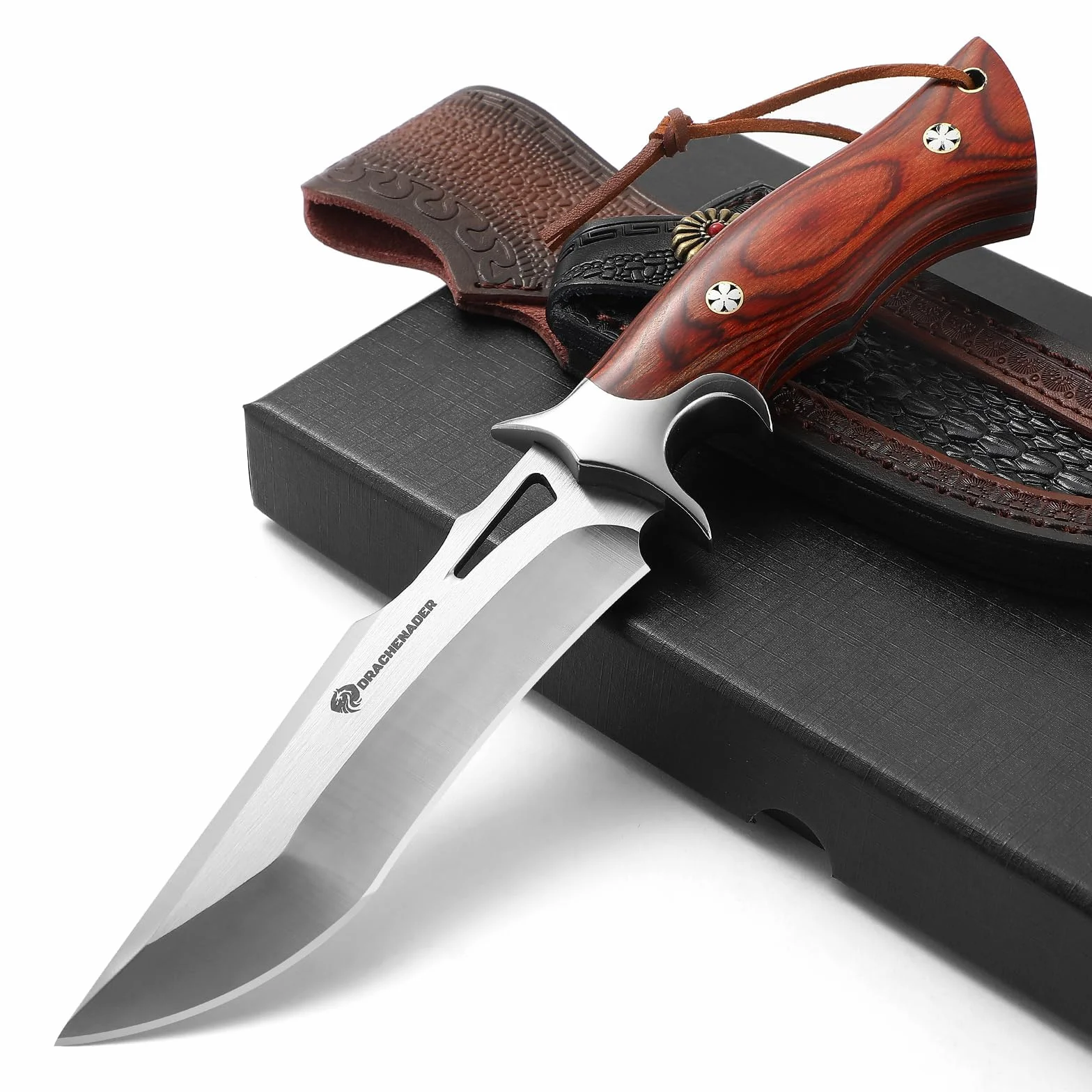 DRACHENADER cuchillo de cinturón cuchillo de supervivencia cuchillo de caza cuchillo grande, muy afilado bushcraft hoja fija con funda de cuero genuino, mango de madera