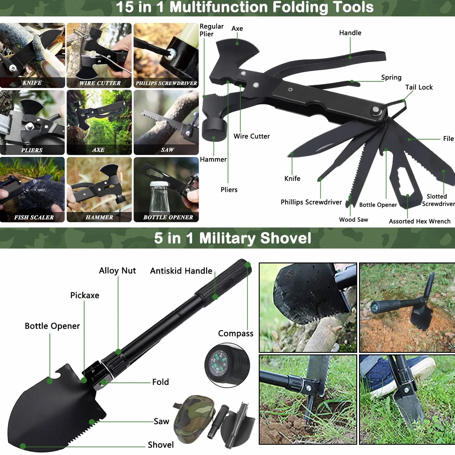 Kit de Supervivencia 22 en 1, Emergencia Exteriores con Filtro de Agua, Bolsa Camping Senderismo Camuflaje