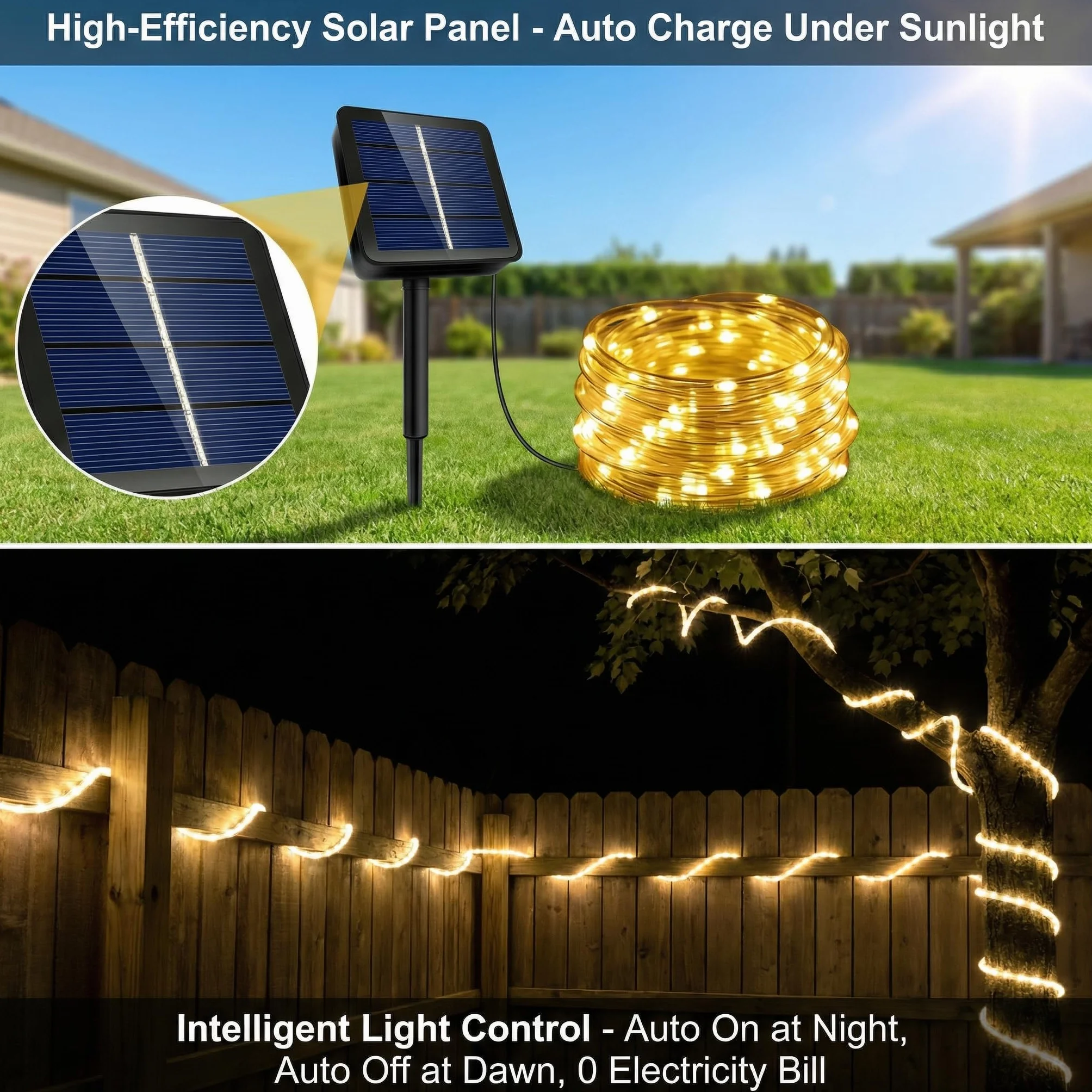 Guirnalda de luces LED solar exterior 10 m 100 LED IP45 8 modos luz blanca cálida