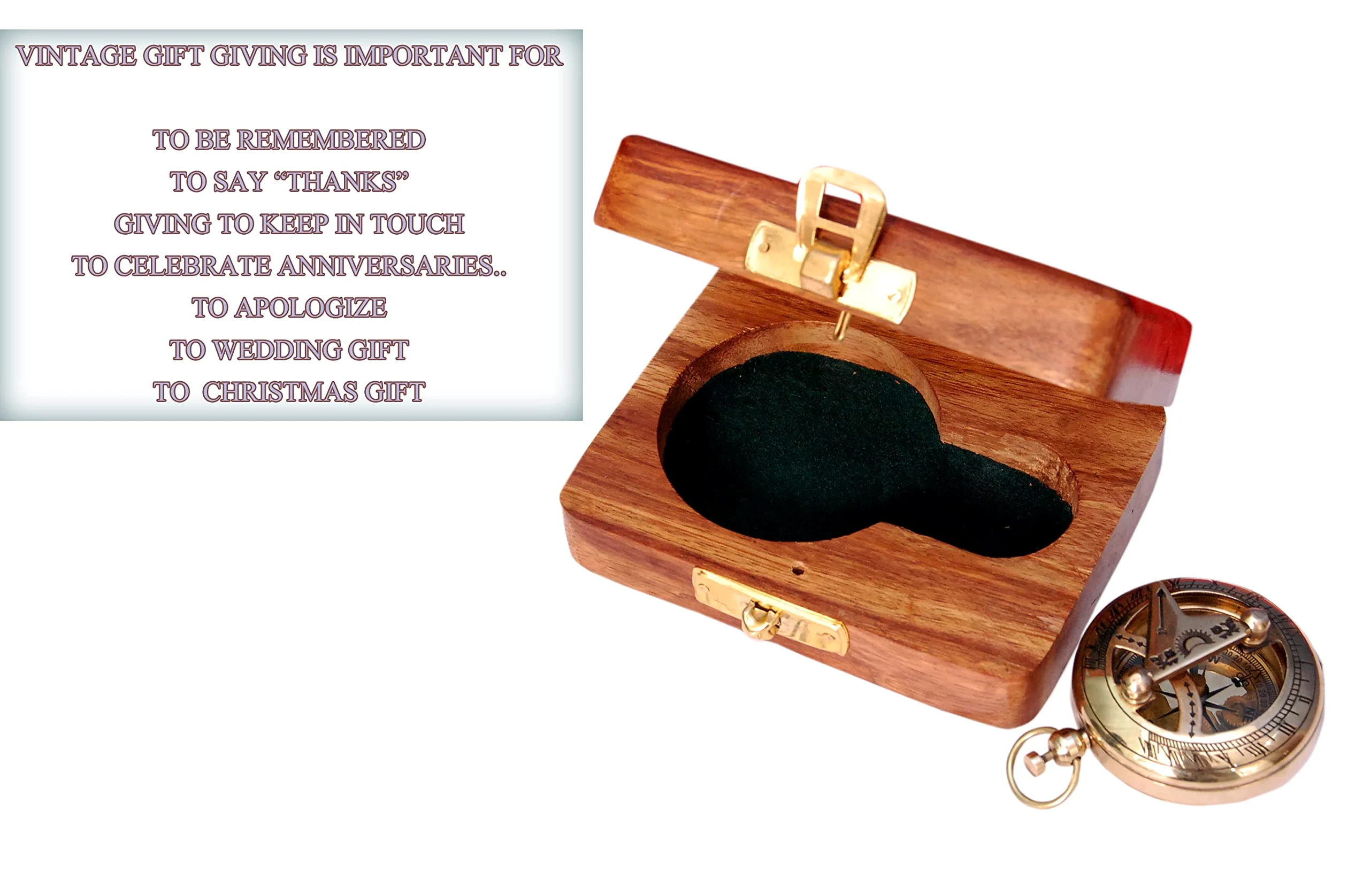 Brújula náutica de latón con caja de madera, reloj solar de latón antiguo y cobre para camping, senderismo, turismo, regalo grabado para él, reloj náutico, regalo de brújula
