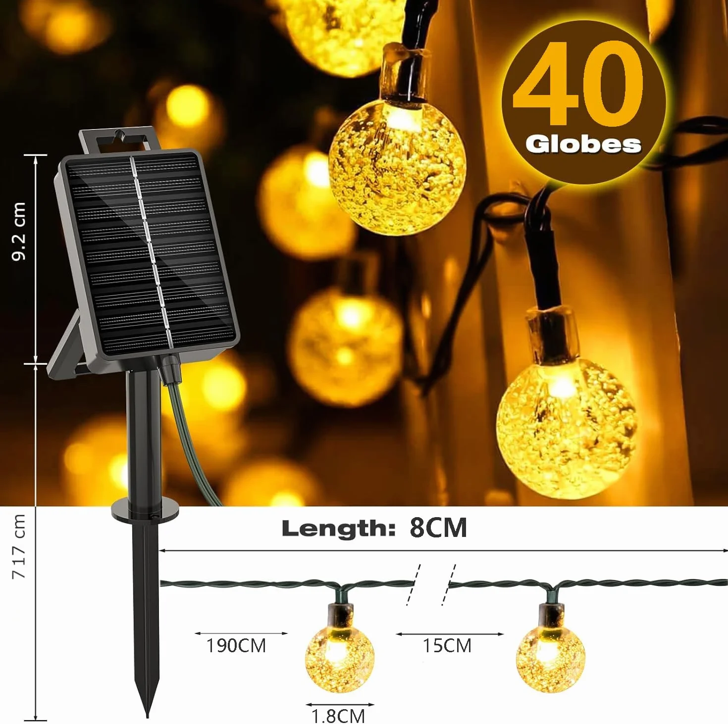 Guirnalda solar exterior 8m 40 LED bolas de cristal IP65 blanco cálido